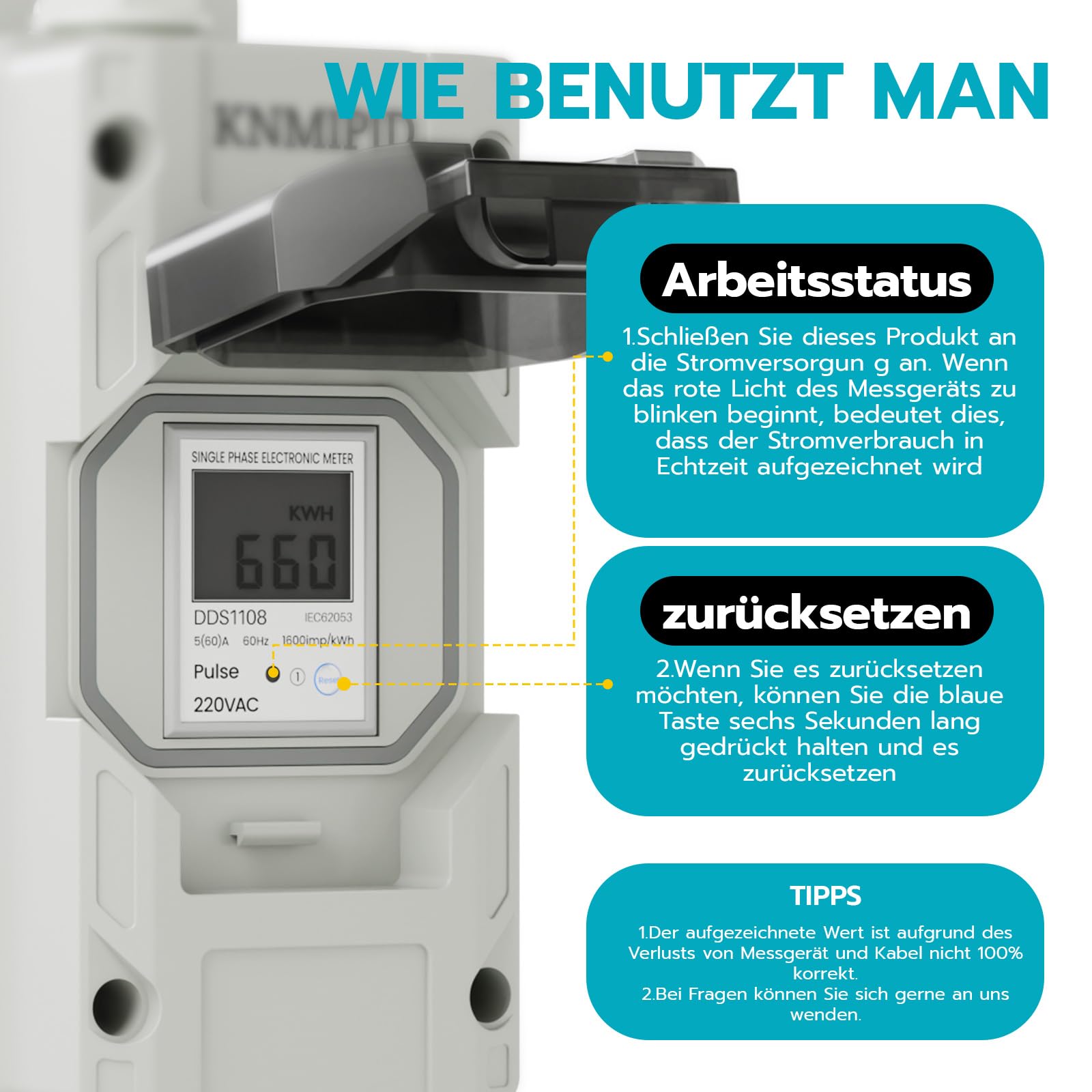 Mobiler Digitaler Stromzähler, 230V LED-Zwischenzähler mit Speicher/Reset