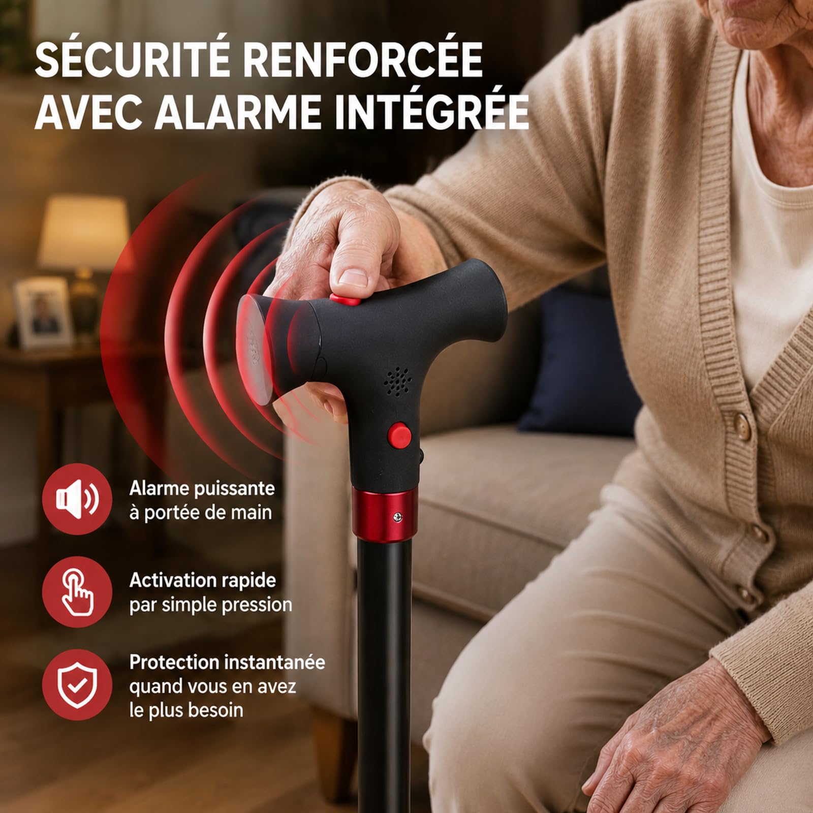 Astuvita Canne de Soutien avec Éclairage LED et Alarme de Sécurité - Canne de Marche Ergonomique et Lumineuse - Poignée Astuvita Confort - Aide à la Mobilité pour Senior - Pliable et Stable