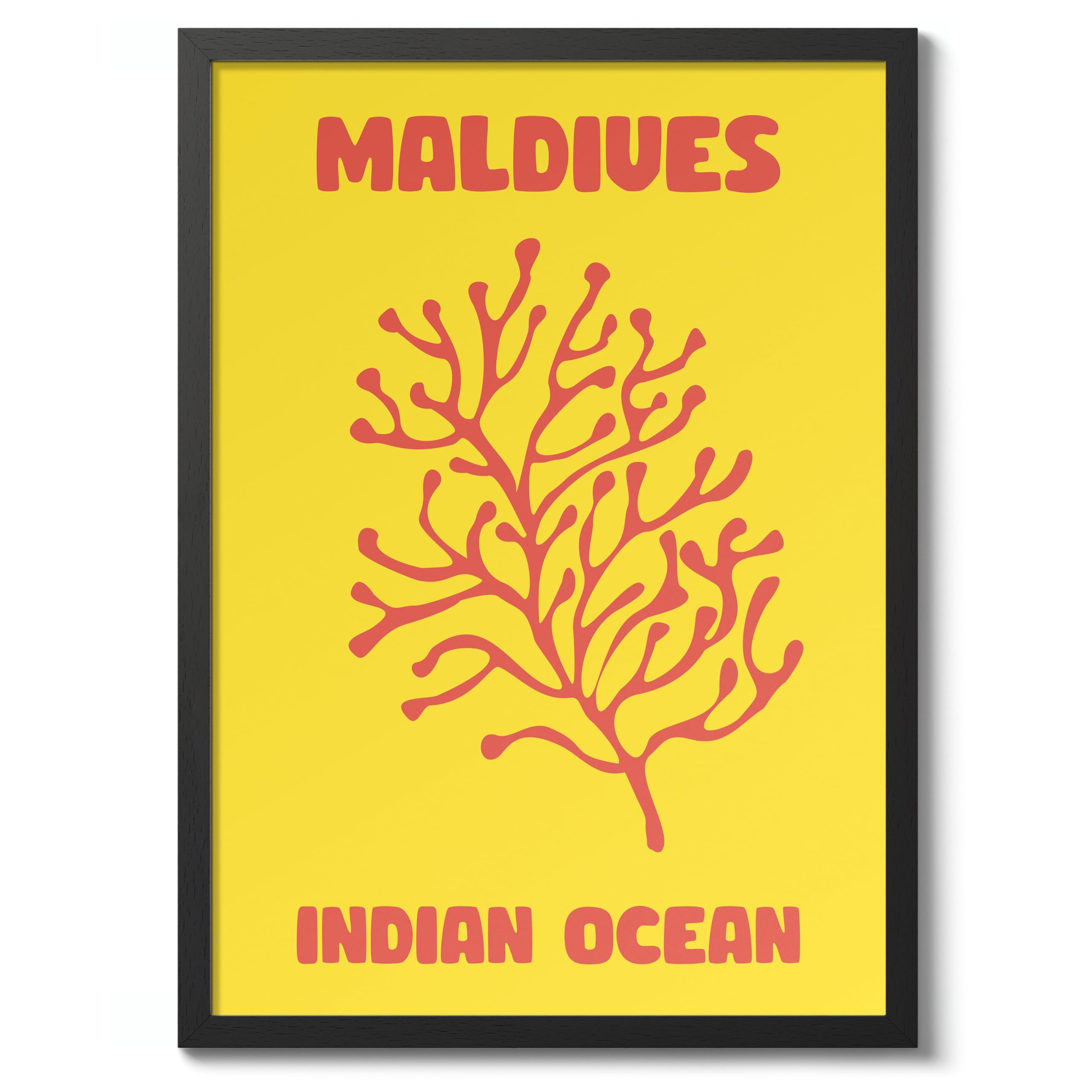 Maldives Travel Poster, Colourful Abstract Preppy Minimalist Room Decor Wall Art Print, Archival Matte, A3 (Black Frame) - 42x29.7cm
