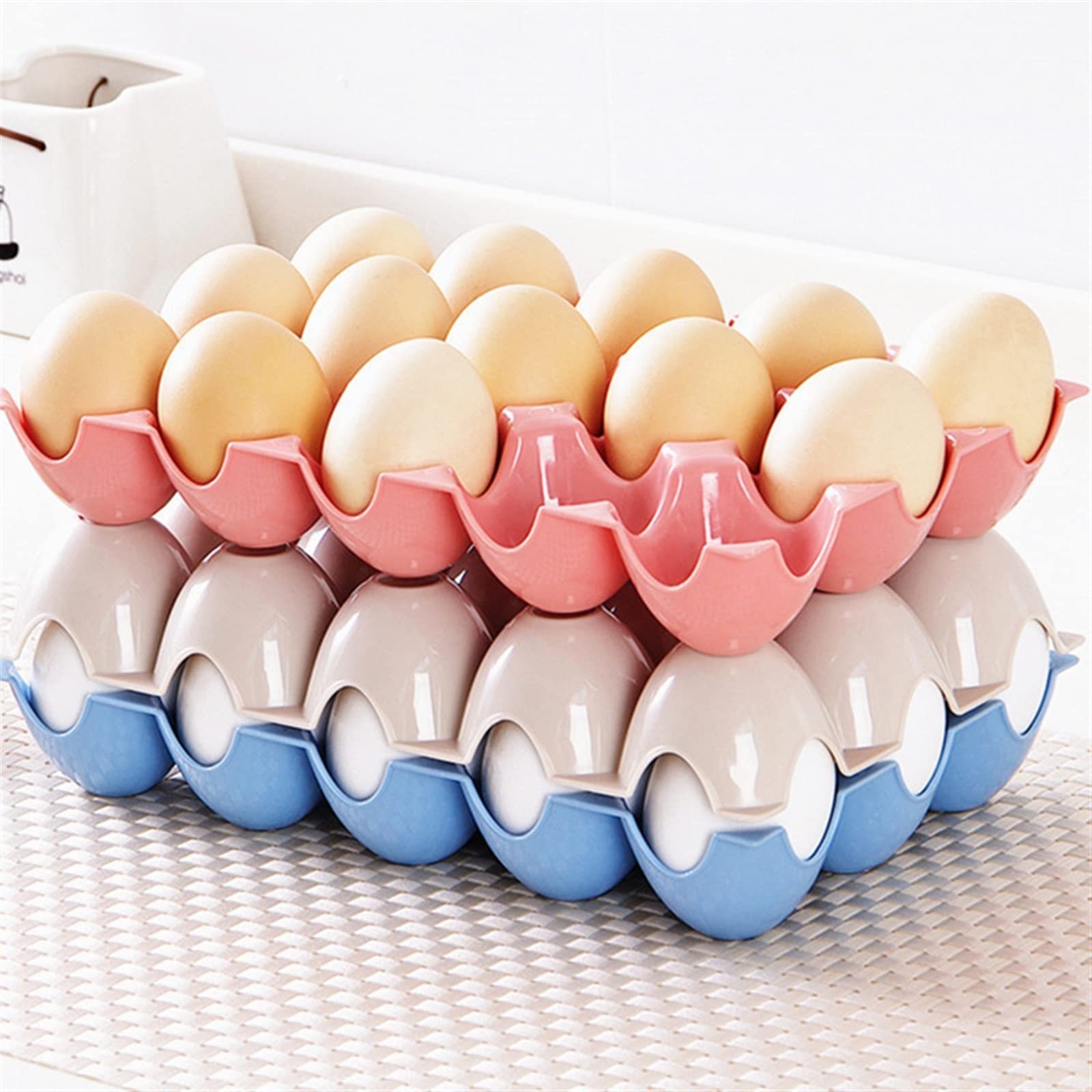Paquete de Canasta de Huevos Soportes de Huevos para refrigerador Contenedores de Huevos de plástico con Tapa Nevera Bandeja de Huevos Caja de Almacenamiento de Huevos (Beige)