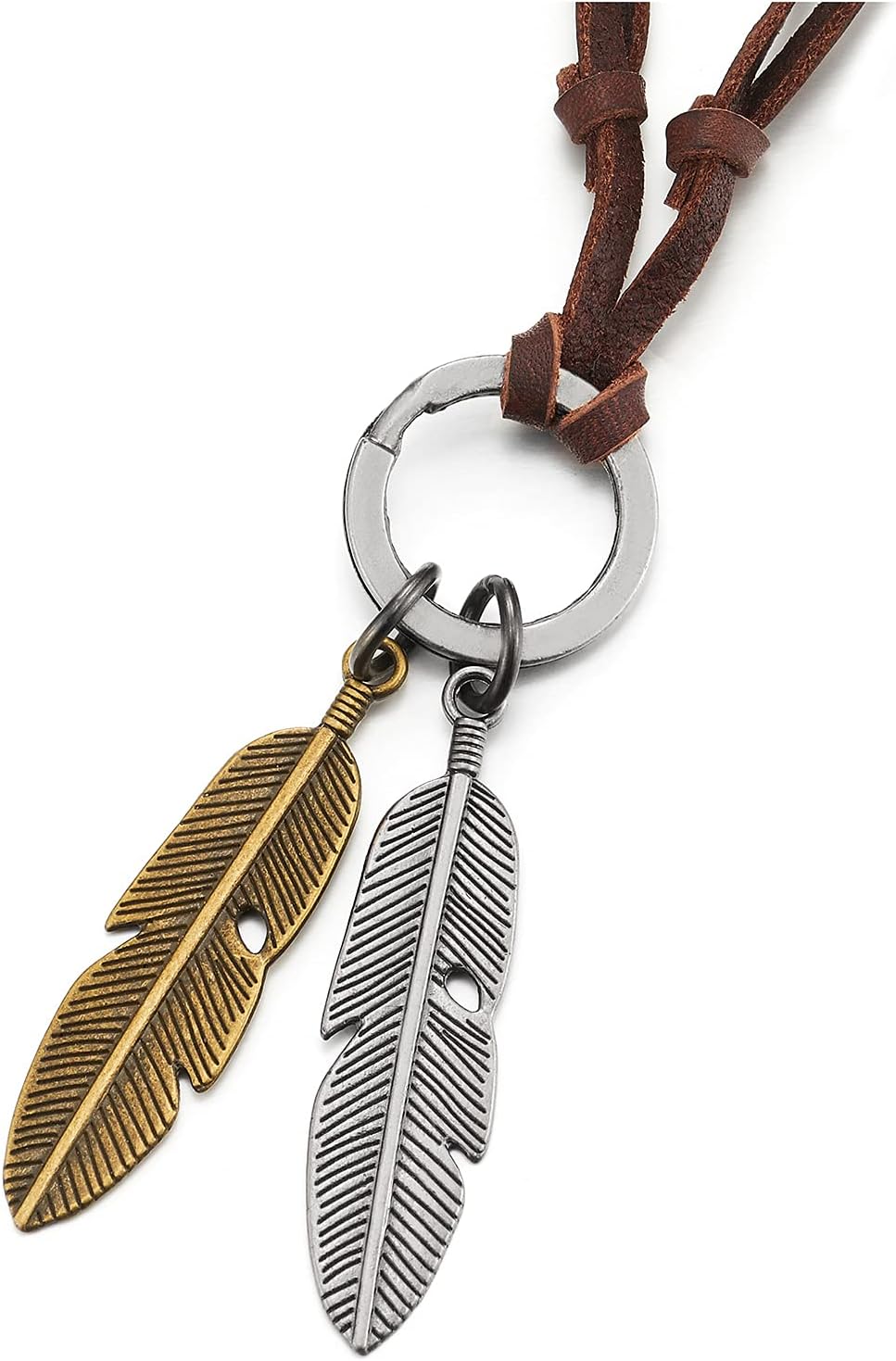 COOLSTEELANDBEYOND Mens Women Two Aged Brass Bronze Feathers Pendant Adjustable Brown Leather Cord Unisex Necklace