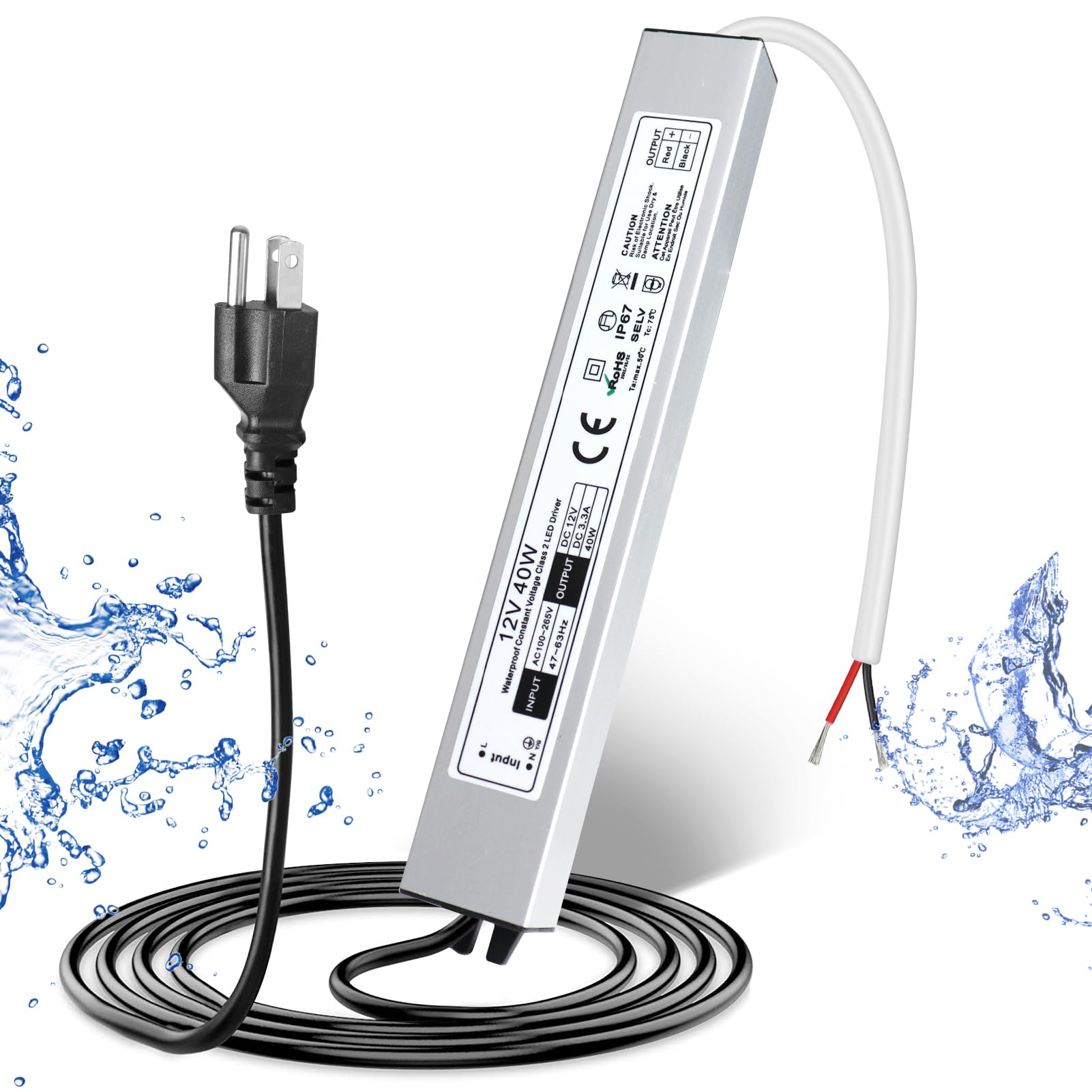 LED Driver Waterproof IP67 40W 12V LED Power Supply Transformer Adapter 110V AC to 12V DC Low Voltage Output with 3-Prong Plug 3.3 Feet Cable for LED