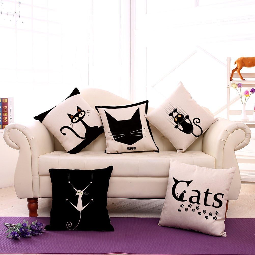 ChezMax Linen Blend Black Cats and White Pattern Cushion Cover Cotton Pillowslip Square Decorative Throw Pillow Case 18 X 18''