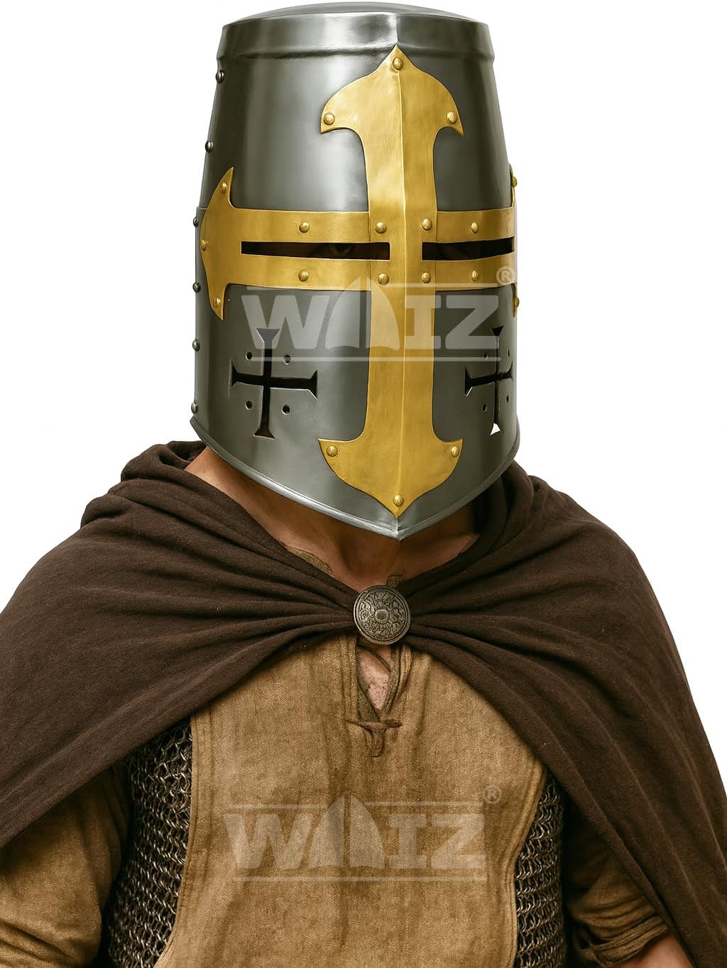 Medieval Crusader Great Helm – 18 Gauge Steel Knight Helmet with Brass Cross – Full Head Armor for LARP, SCA, Reenactment & Cosplay – Historical Templar Helmet - Image 2
