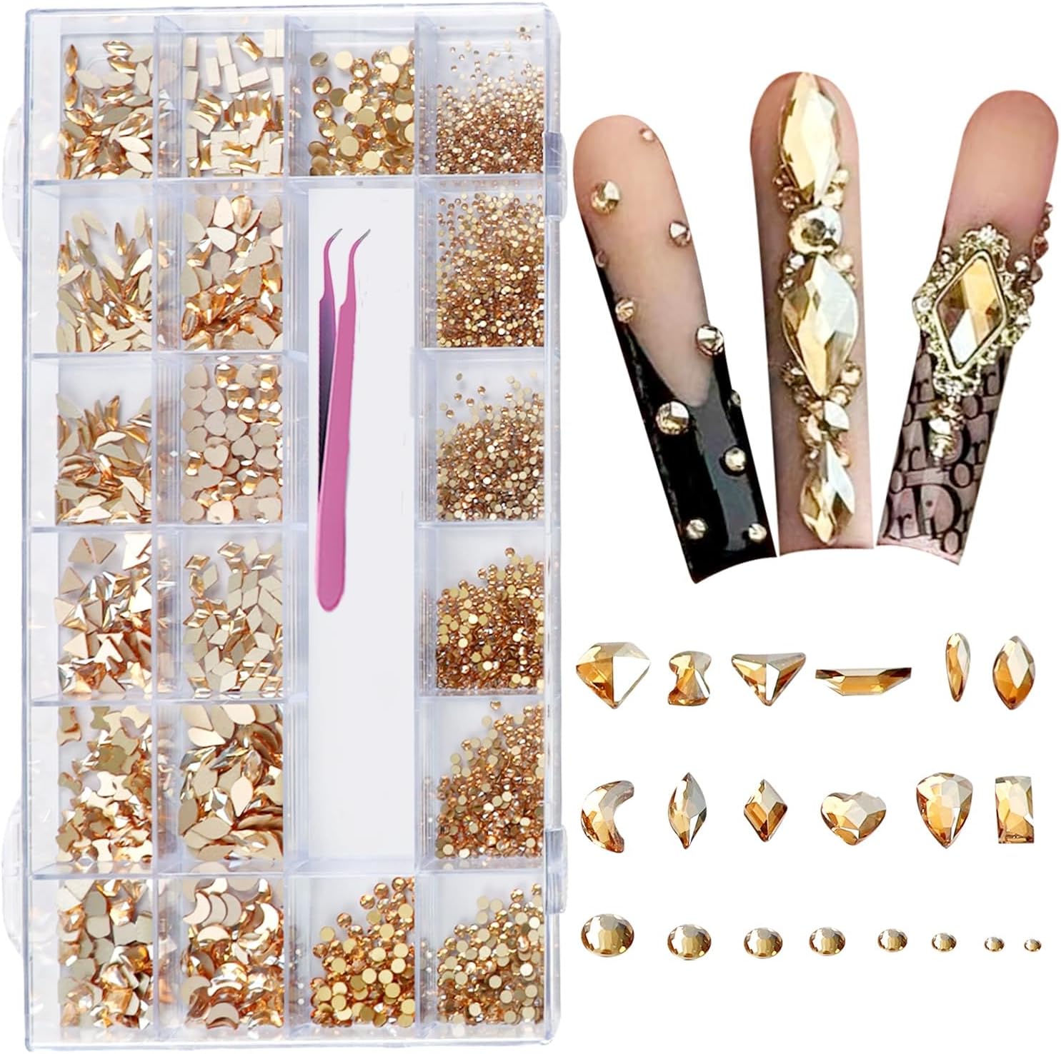 6080PCS White Rhinestones for Nails, Nail Art Rhinestone Kit, Silver Gems Flatback Crystals Diamonds for Nail Art Design, Mix Sizes Nail Charms and Gems(Tweezers Included)