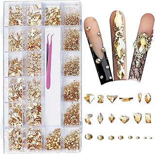 Gold Rhinestones for Nails, 6080Pcs Gold Nail Art Rhinestones Kit, 3D Flatback Crystals Diamonds for Nail Art Design, Mix Sizes Nail Charms and Gems(Tweezers Included)