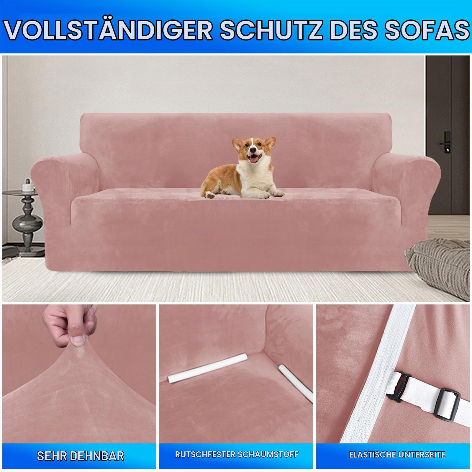 Samt Sofa Überzug 3 Sitzer, Sofabezug Elastische, Couch Überzug Haustier Katze Hunde, Universal Sofa Cover Moderne, Sofahusse Mit Armlehnen, Sofaschoner rutschfest, Rosa