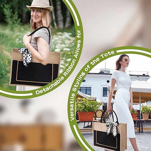 Miniatura 5 de 8 bolsas grandes de arpillera con asas de yute para dama de honor con cintas y bolsillo frontal 1654 x 126 x 551 pulgadas bolsas de compras en