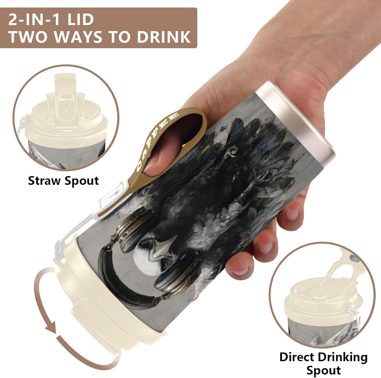 Bird Headphone Insulated Coffee Mug with Straw & Flip Lid, 16.9oz Iced Tumbler Cup, Double Wall Vacuum Mug for Travel Office