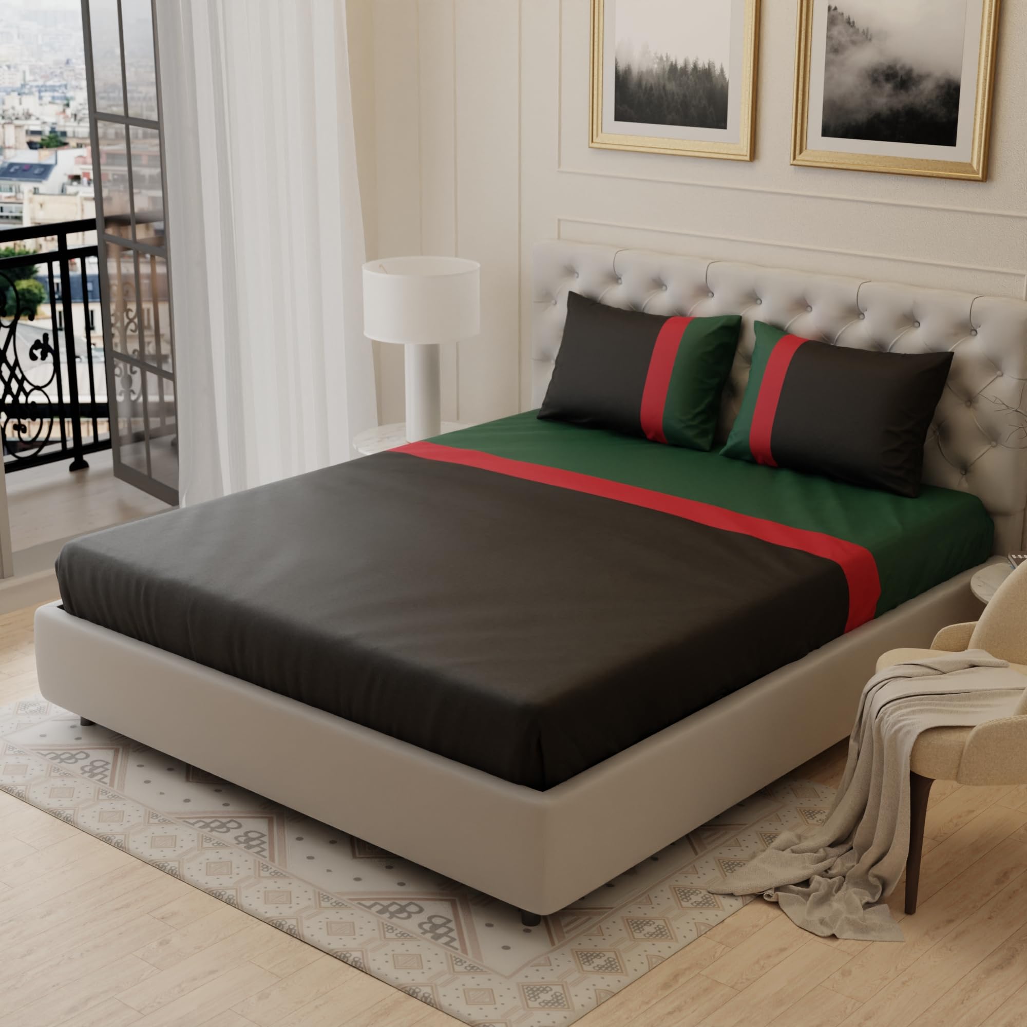 Stoa ParisSatin King Size Bedsheet with 2 Pillow Covers, 300TC Premium Bedding Set, Home Decor, Aesthetic Bedsheets, Ultimate Comfort, Wedding Gift for Couples, Vogue - Black-Red-Green