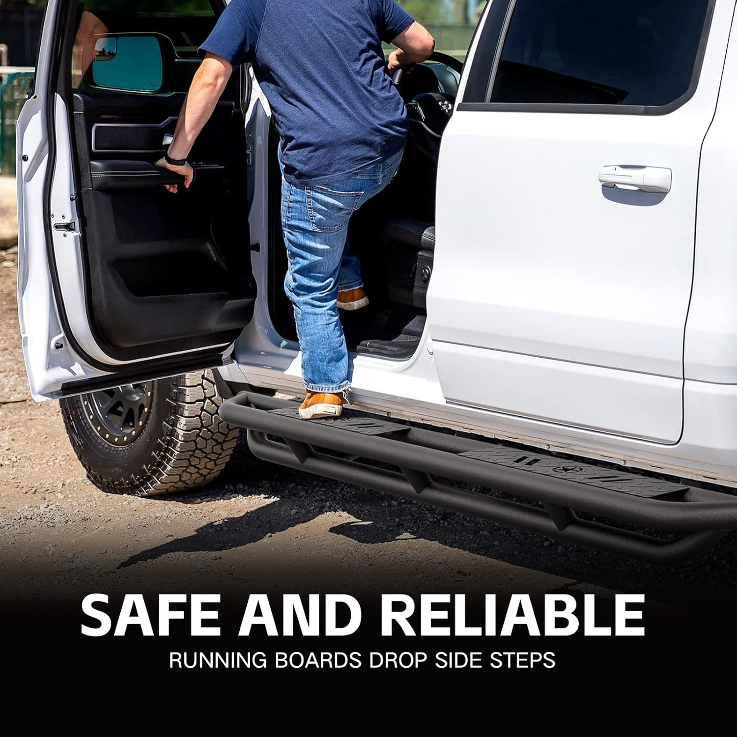 Crew Cab Running Boards Compatible with 2007-2018 Chevy Silverado & GMC Sierra 1500, 2007-2019 Chevrolet Silverado & GMC Sierra 2500 3500 HD CrewCab, Side Steps White Star Logo Steel Nerf Bar