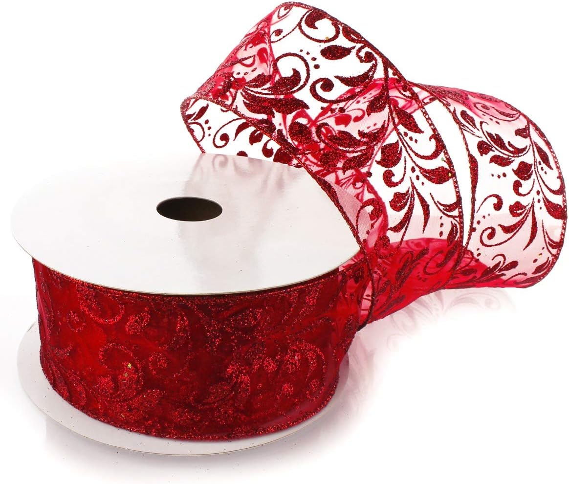 Ribbon Traditions Glitter Swirl Leaves 2 1/2 by 25 Yards - Red Sheer