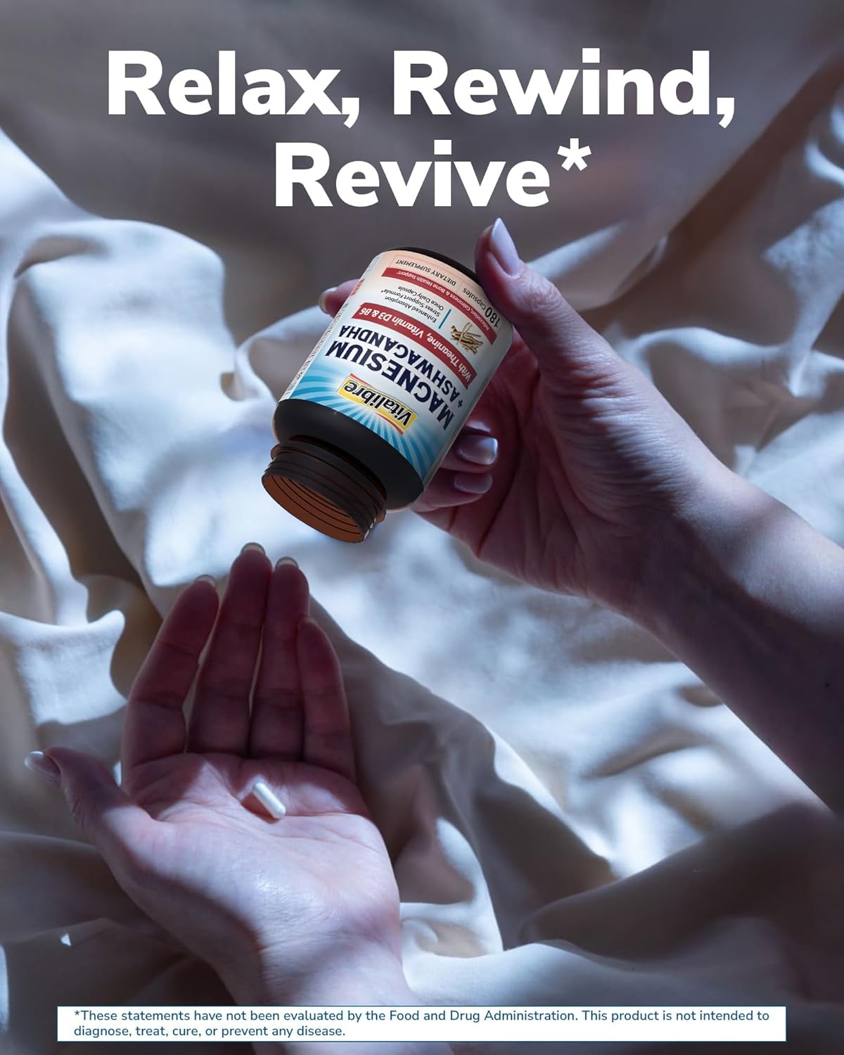 Vitalibre Magnesium Complex with Ashwagandha & L-Theanine - Stress Relief, Bone & Relaxation Support - w/Vitamin D3, B6 - Glycinate, Citrate, Malate, Taurate - 180 Vegan Capsules, Non-GMO, Gluten free