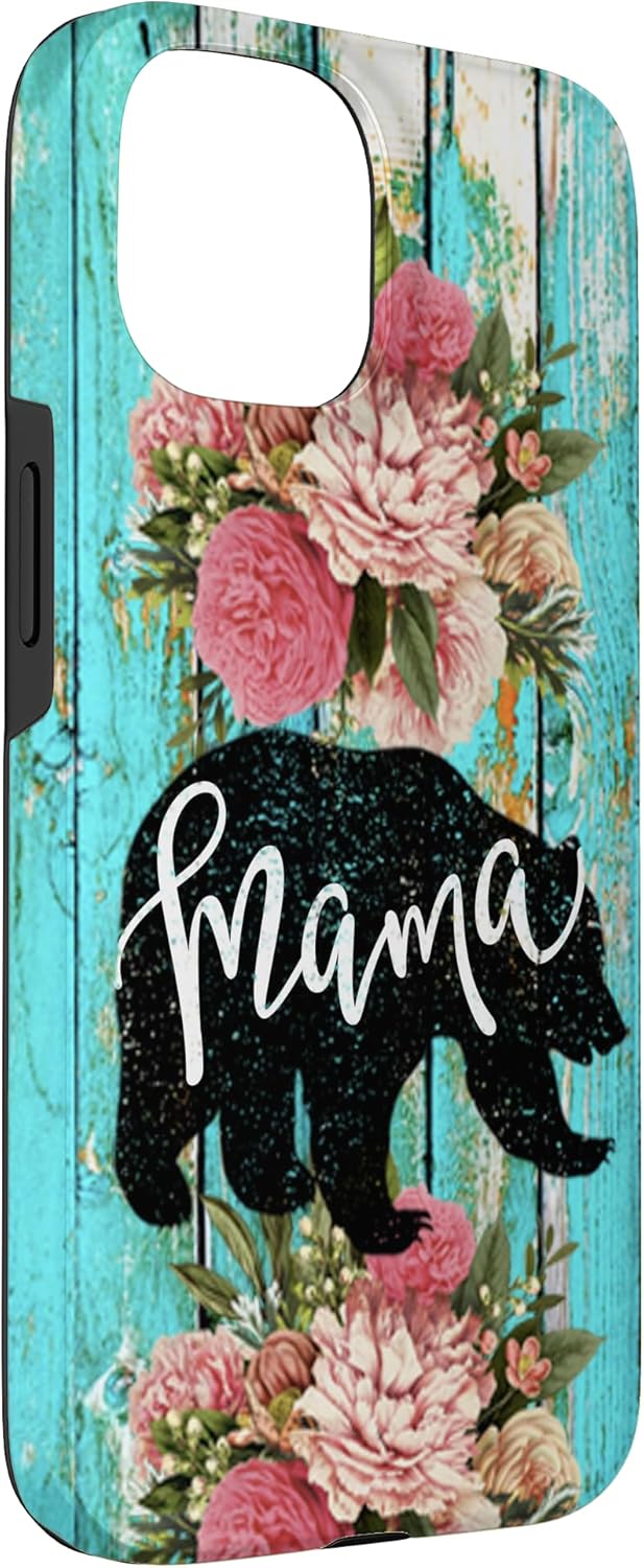 iPhone 15 Turquoise Mama Bear Rustic Woodgrain Farmhouse Country Mama Case