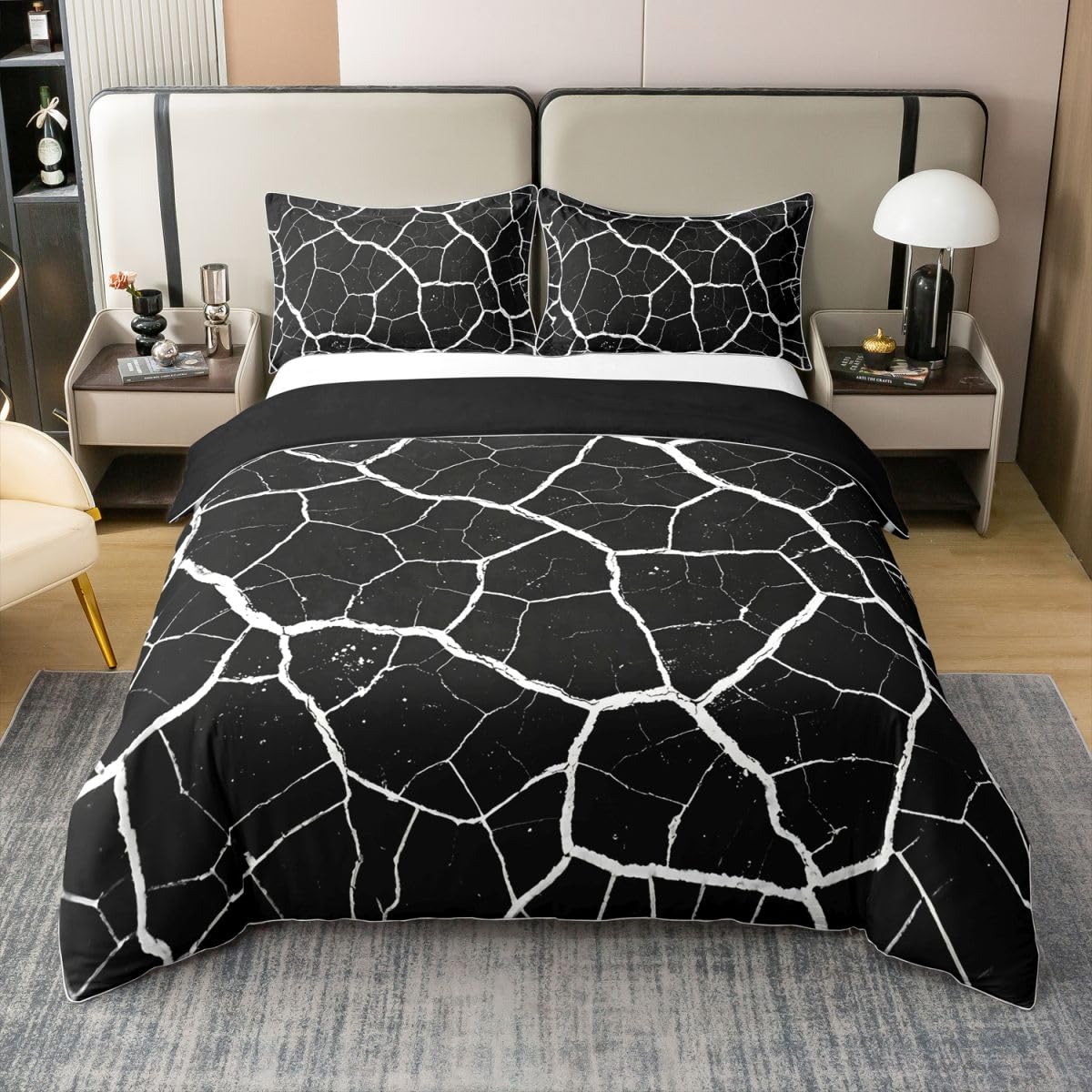 Parure de lit motif marbre noir 3 pièces en pur coton naturel taille L