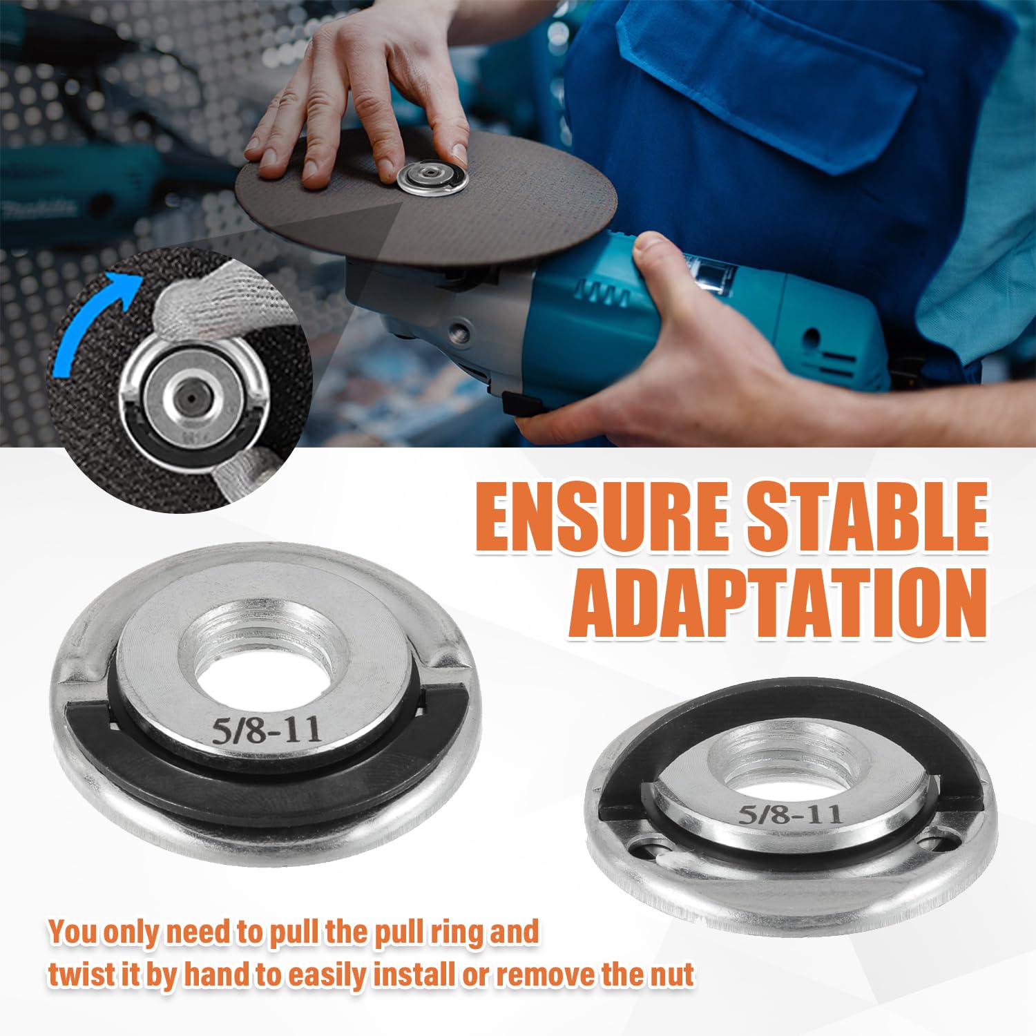 5/8''-11 Thread Adapter with 2Pcs 5/8''-11 Flange Lock Nut Kit Stainless Steel Diamond Core Drill Bit Adapter Suitable for XLOCK Angle Grinder Convert and Install Saw Blades, Polish Discs, etc