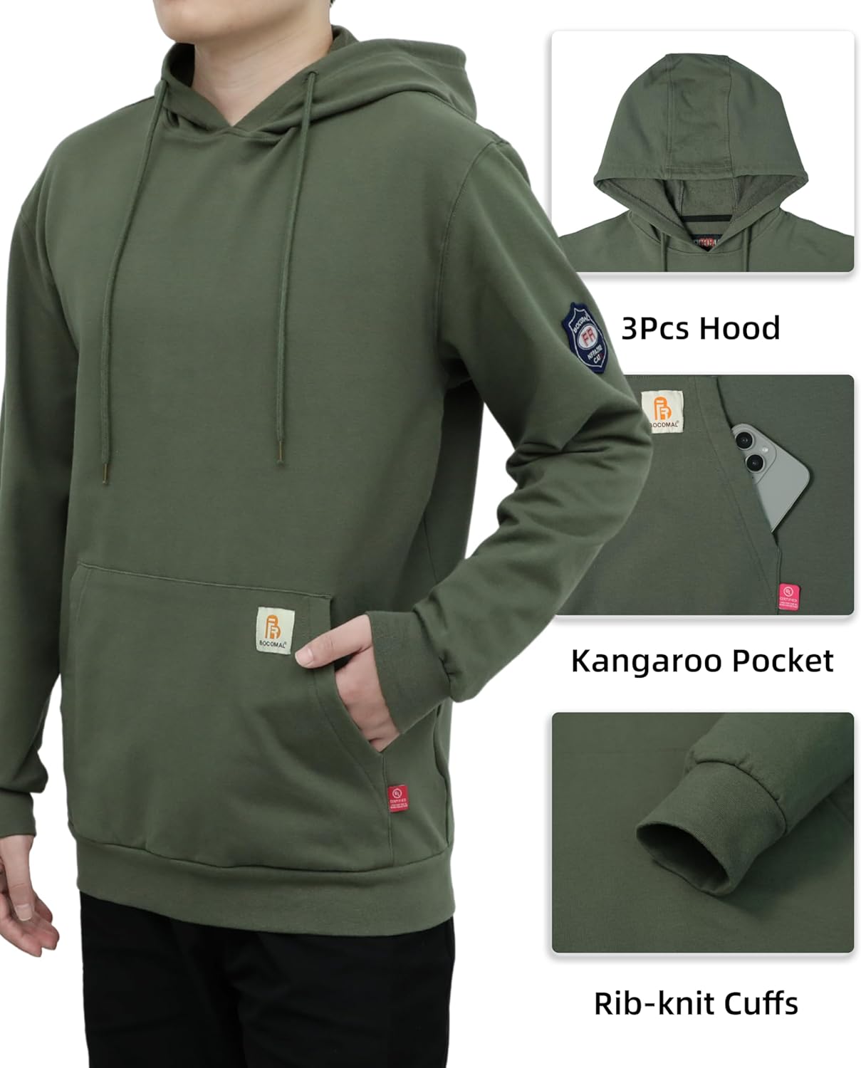 BOCOMAL FR Hoodie Pullover Idea for Summer 7.5oz Lightweight Cotton Flame Resistant Sweatshirt (Non Fleece)
