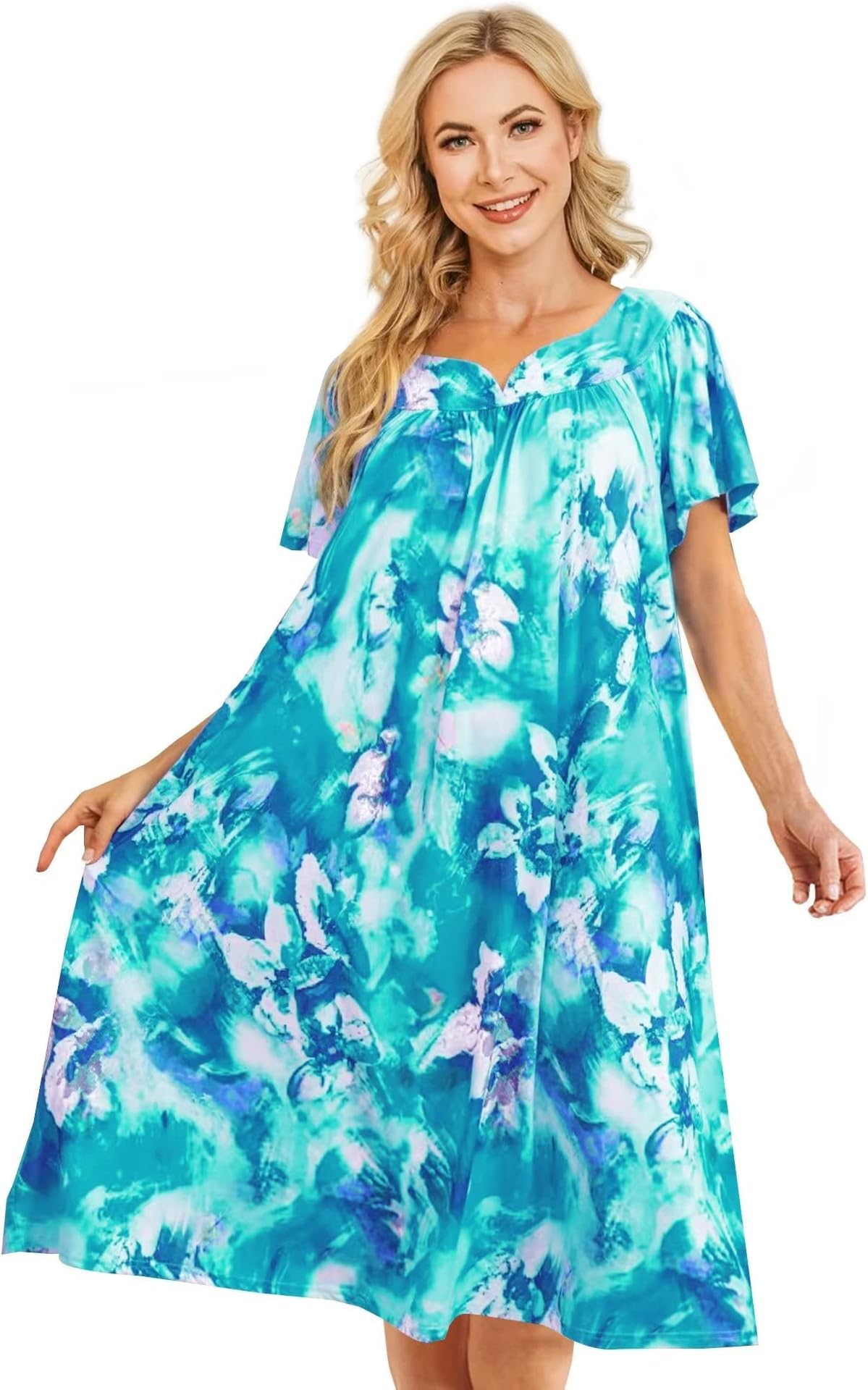 HymusesHouse Dresses for Women Waltz Length Muumuu with Pockets Duster Housecoat Short Sleeve Patio Dress S-XXXL