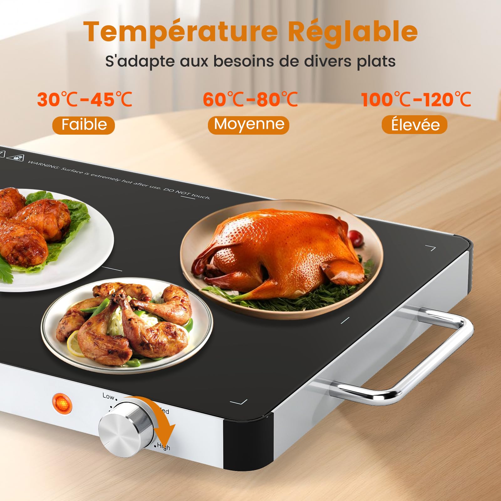 COSTWAY Chauffe Plat Électrique, Plateau Chauffant Électrique, Réchauffeur de Nourriture en Verre Trempé avec Température Réglable, Poignées Anti-Brûlure, pour Fêtes, Buffets, Vacances (40 x 30 cm)