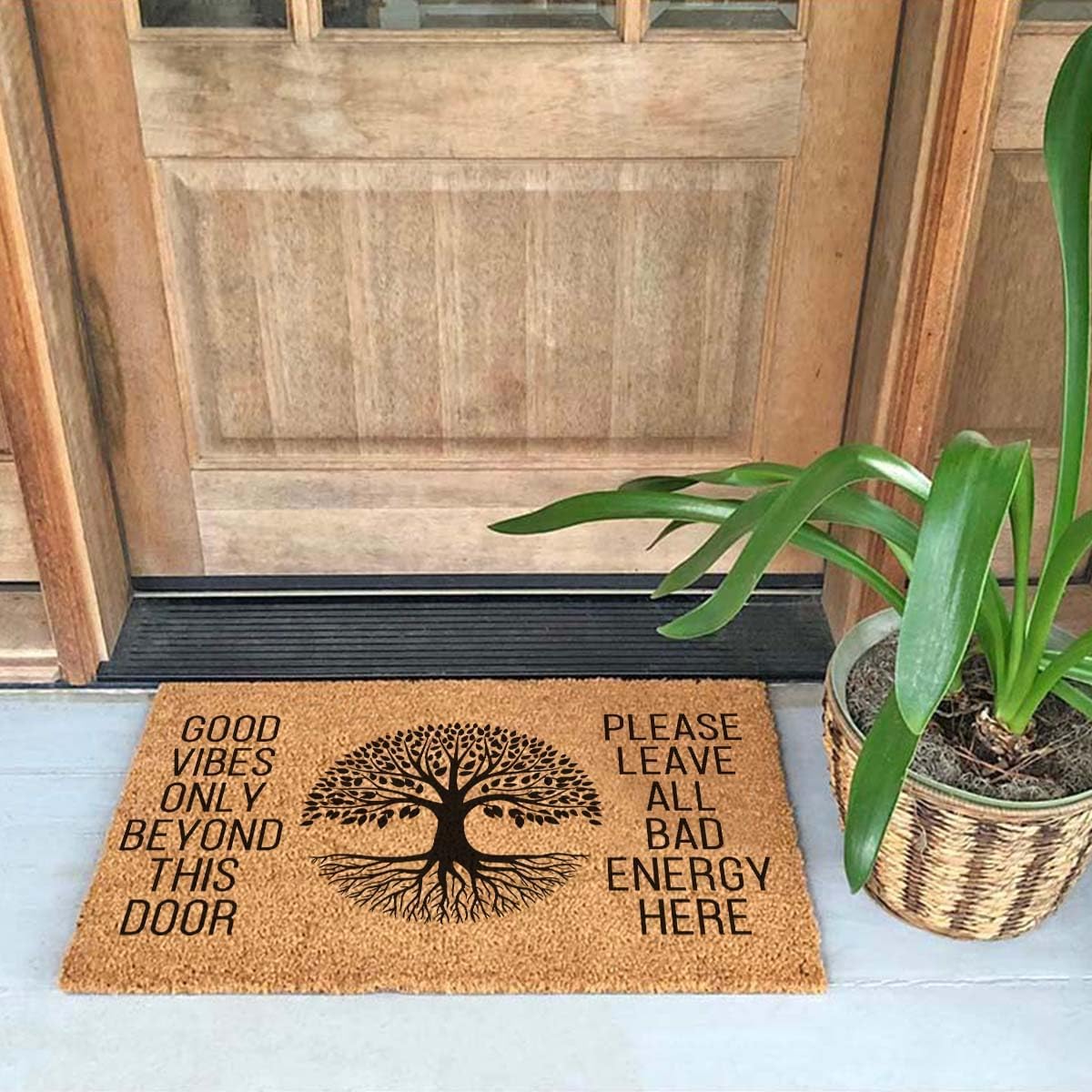 Funny Coir Doormat 23.6 x 15.7 inch Personalized House Warming Gift Mat for Outside Entrance Front Porch Patio Door Non-Slip Decor (Tree of Life Good Vibes Only Beyond This Door)