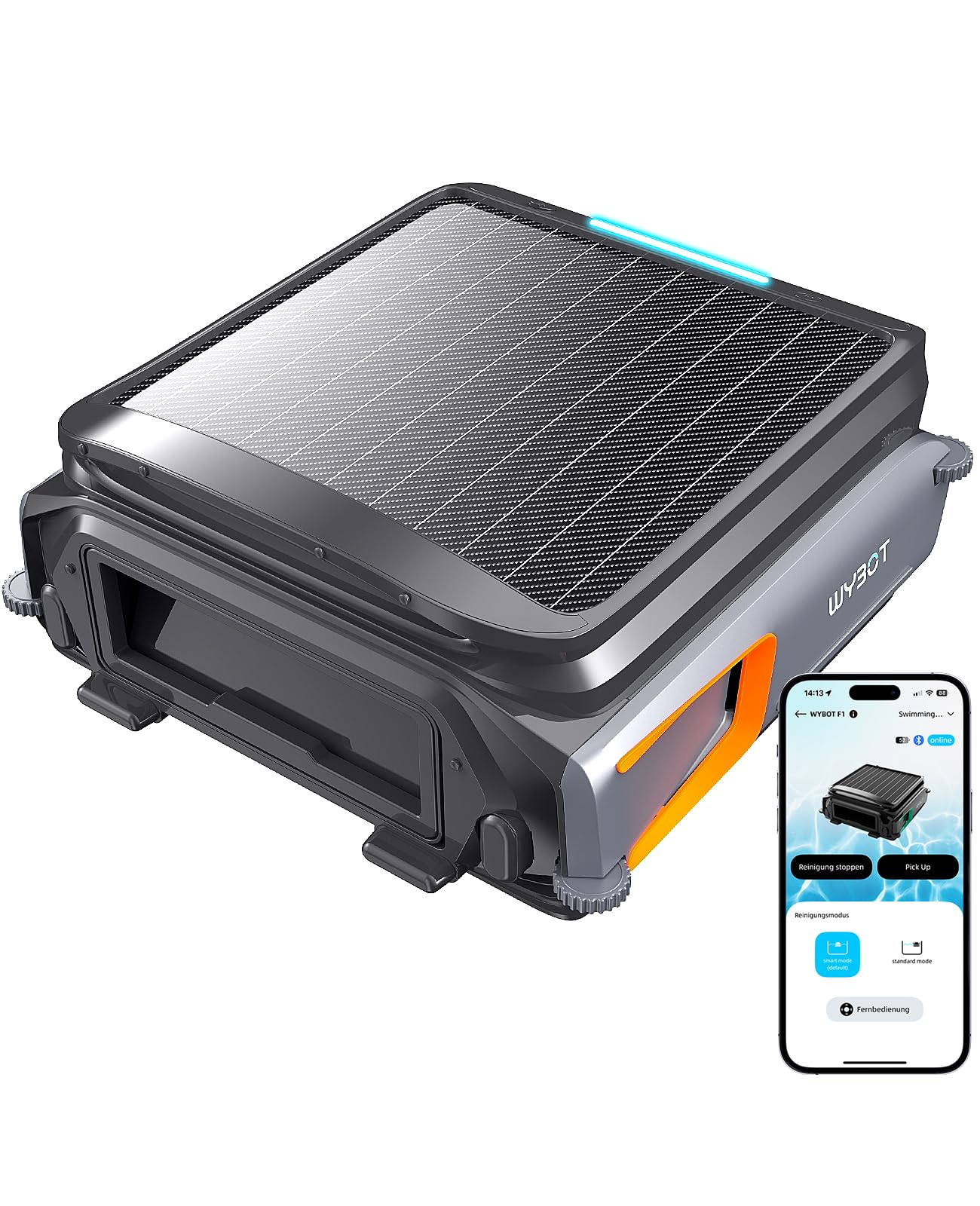 WYBOT F1 Skimmer Piscina con Energía Solar Y Batería, Limpia La Superficie del Agua Automáticamente, App Inteligente, Funciona 24h, para Toda Piscina-Robot Piscina Sin Cables,Naranja Oscuro