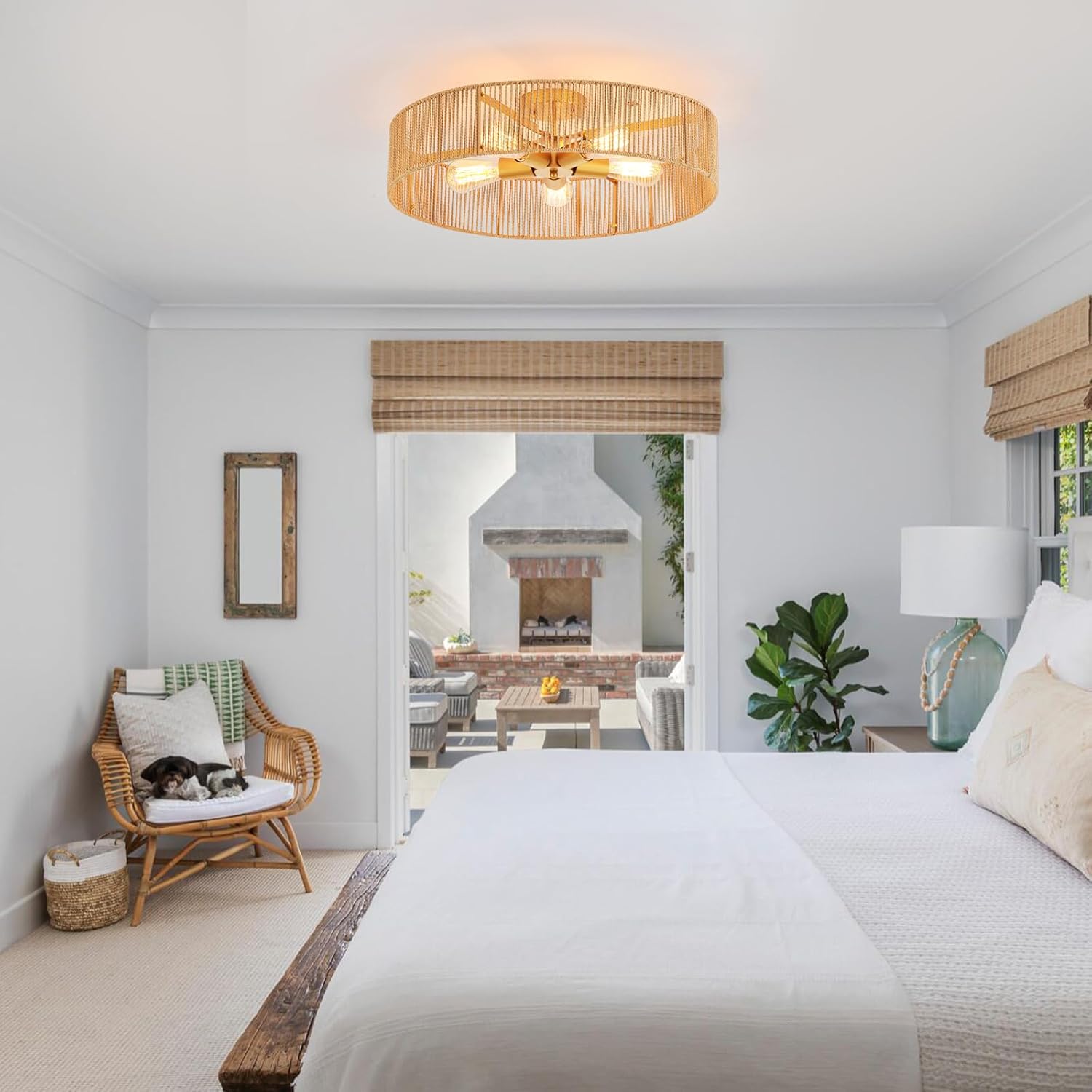 24" Natural Rattan Flush Mount Ceiling Light Fixture Antique Brass Brush Paint Finish Boho Chandelier for Porch Patio Hallway Bedroom Living Room Kitchen Island 5-Light