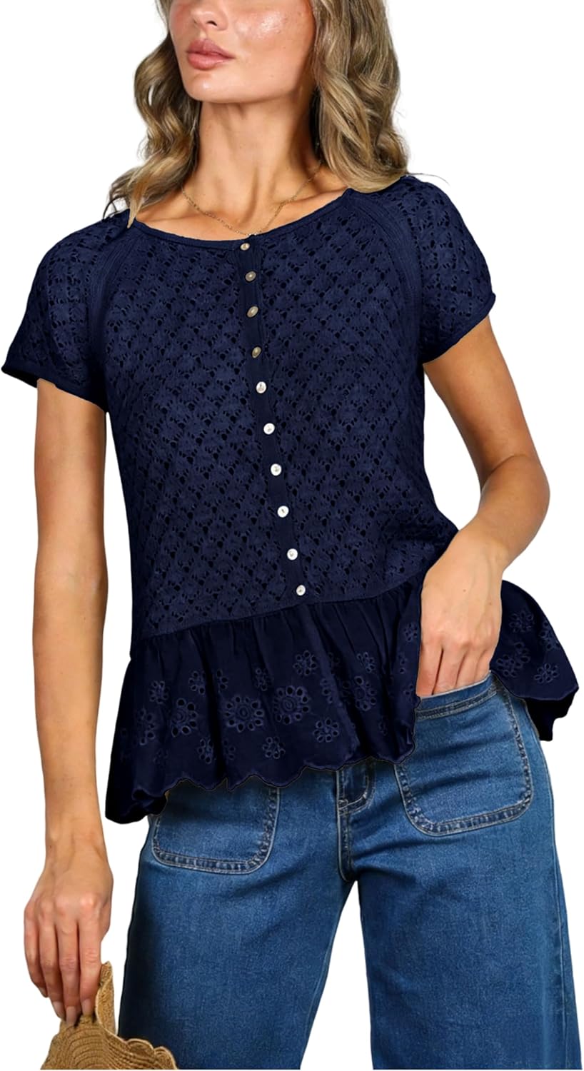 Women's Casual Short Sleeve Crochet Knit Cardigan Patchwork Eyelet Lace Ruffle Hem Button Front Sweater