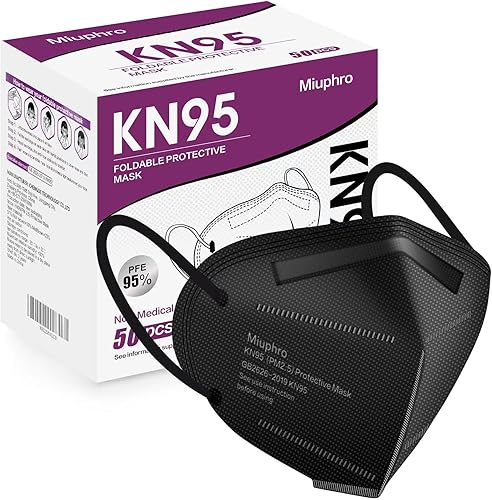 Miuphro KN95 Máscara facial, paquete de 50 unidades, negra, máscara de seguridad con diseño de 5 capas para protección, máscaras desechables para
