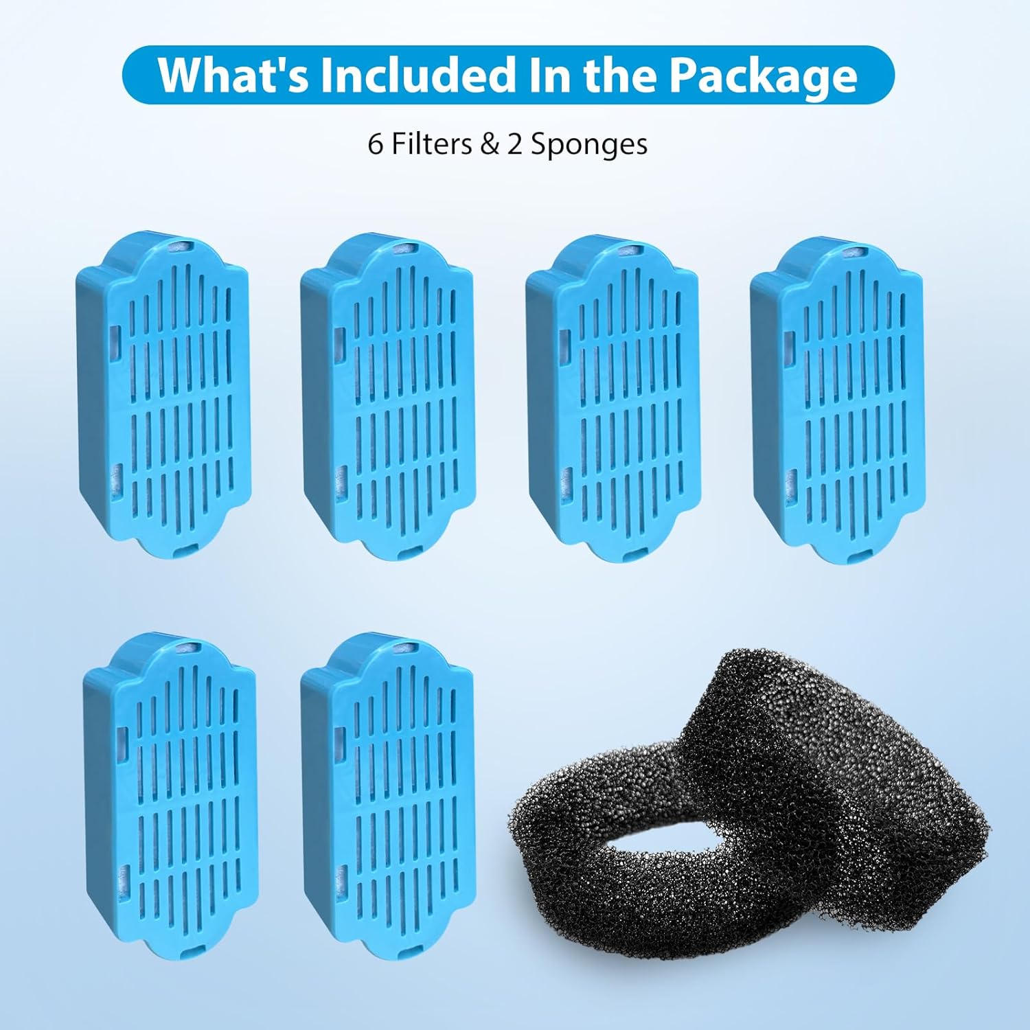 Image showing six blue filters and two black foam sponges, labeled 'What's Included In the Package'.