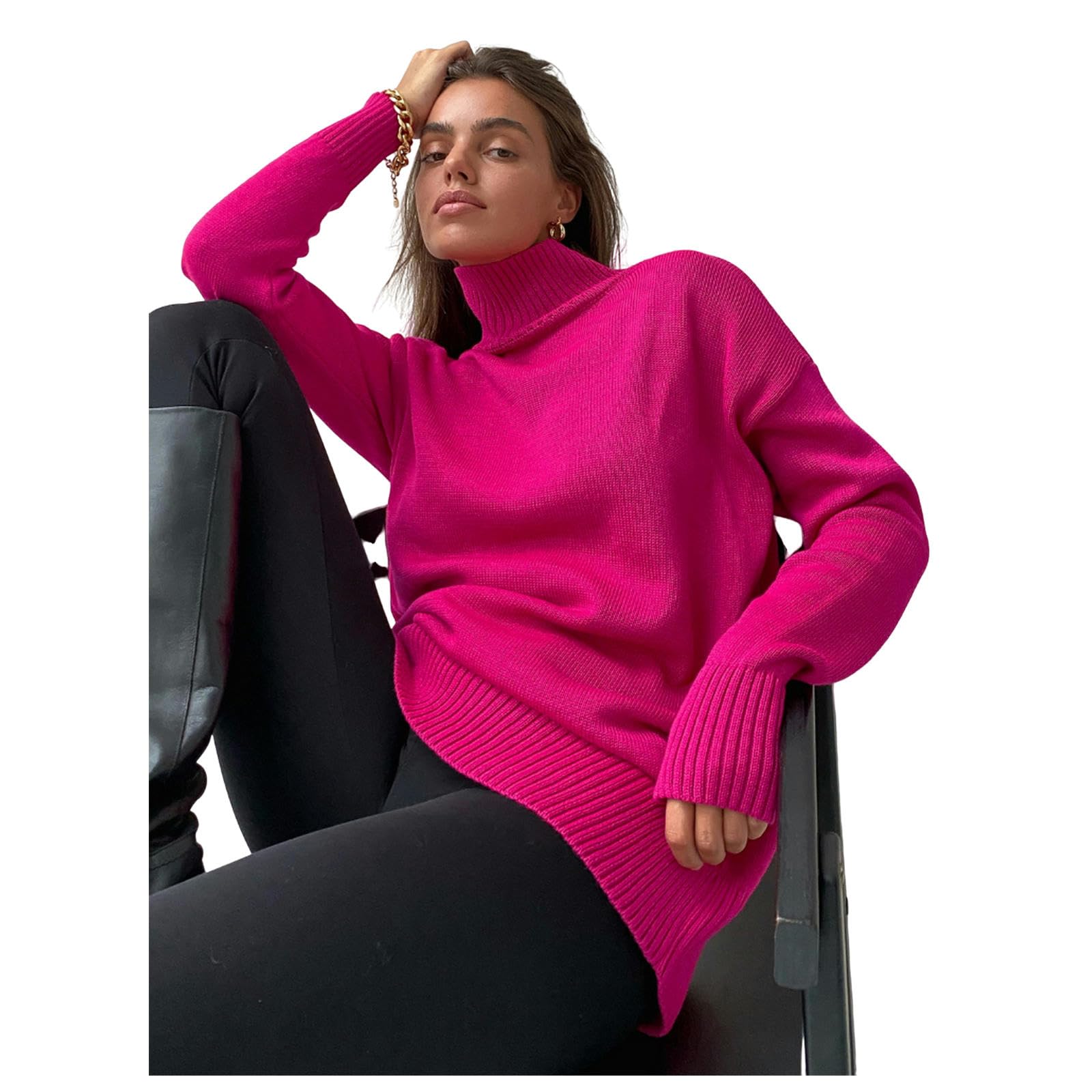 TEidea Swetry damskie różowe czerwone jesień zima damskie swetry golf oversize sweter vintage tkany styl dla kobiet, pomarańczowy, S