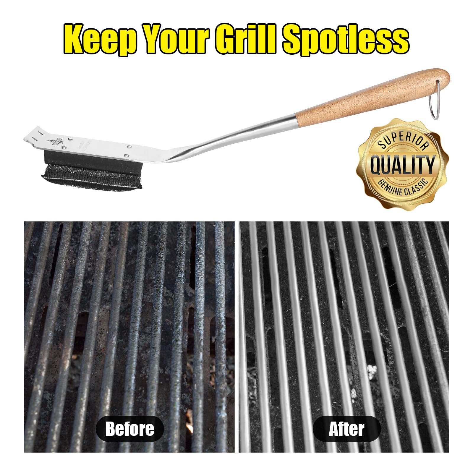 Cepillo para parrilla de vapor de 18 pulgadas, sin cerdas, con mango de madera de acacia de lujo extendido, limpiador seguro para parrilla al aire libre, herramienta raspadora de parrilla 7