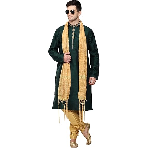 Men's Tunic Art Silk Kurta Pajama and Scarf Suit Set Indian Clothing Wedding Party Dress Gifts Items