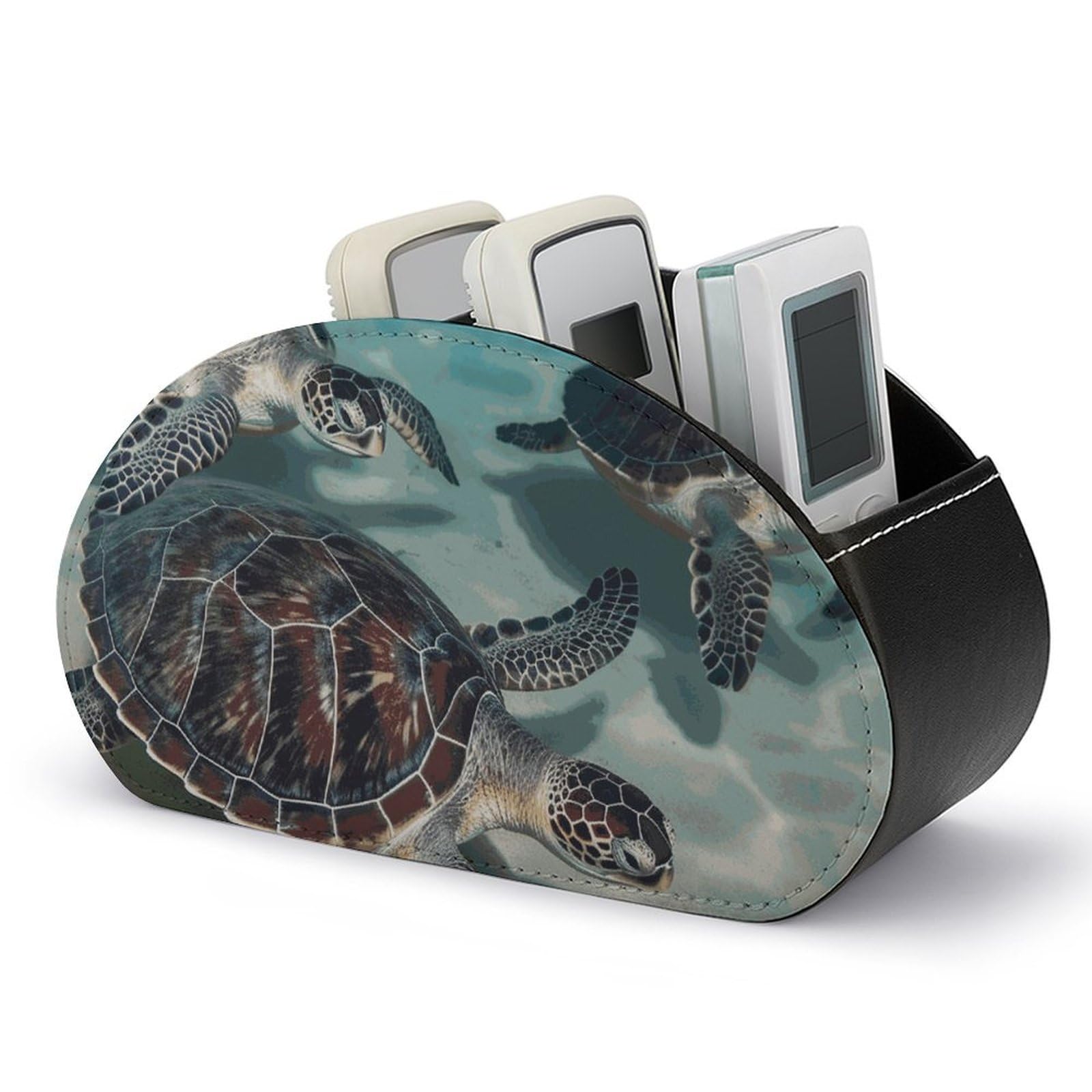 JTREHY Sea Turtle Remote Control Holder with 5 Compartments PU Leather Remote Caddy Box Multifunction Desk Holder Organizer Box Tray Bedside Table Storage Organizer