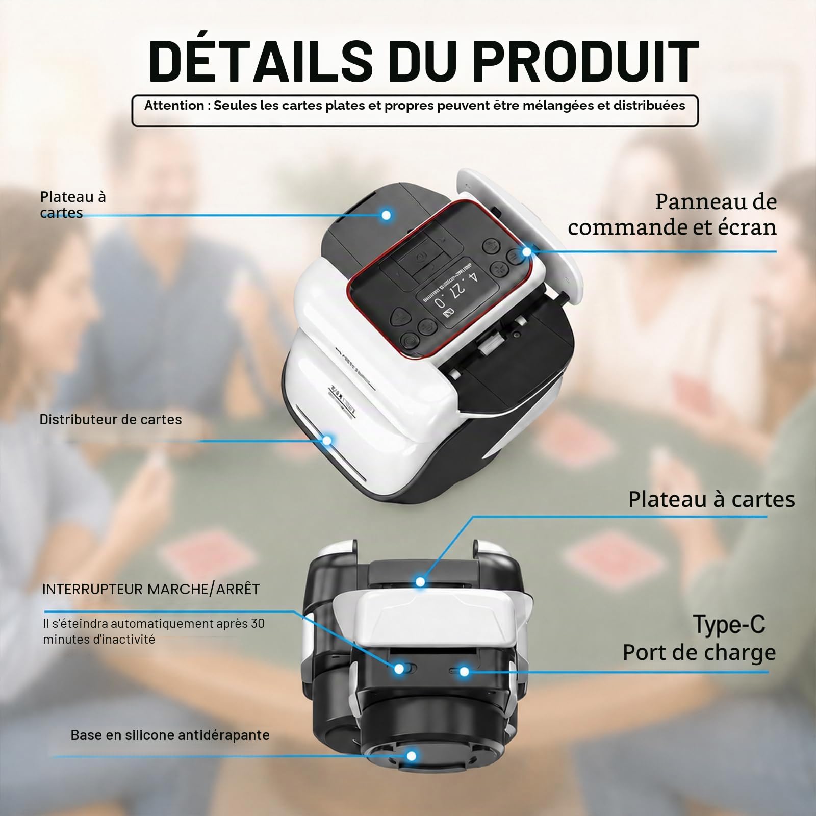 Mélangeur et Distributeur de Carte Automatique 2-en-1, Distributeur Cartes Jeu Automatique pour 2-8 Joueurs, 360° Rotation Rechargeable, Compatible avec UNO/Poker/Tous Types de Cartes