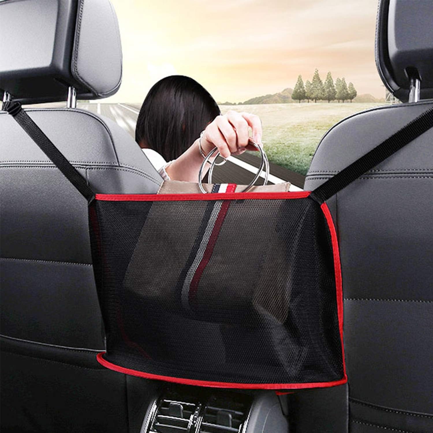 MYBESTFURN Car Net Pocket Handbag Holder, Car Mesh Organizer Between Seats for Purse Storage Phone Documents Pocket, Pets Kids Barrier Disturb Stopper