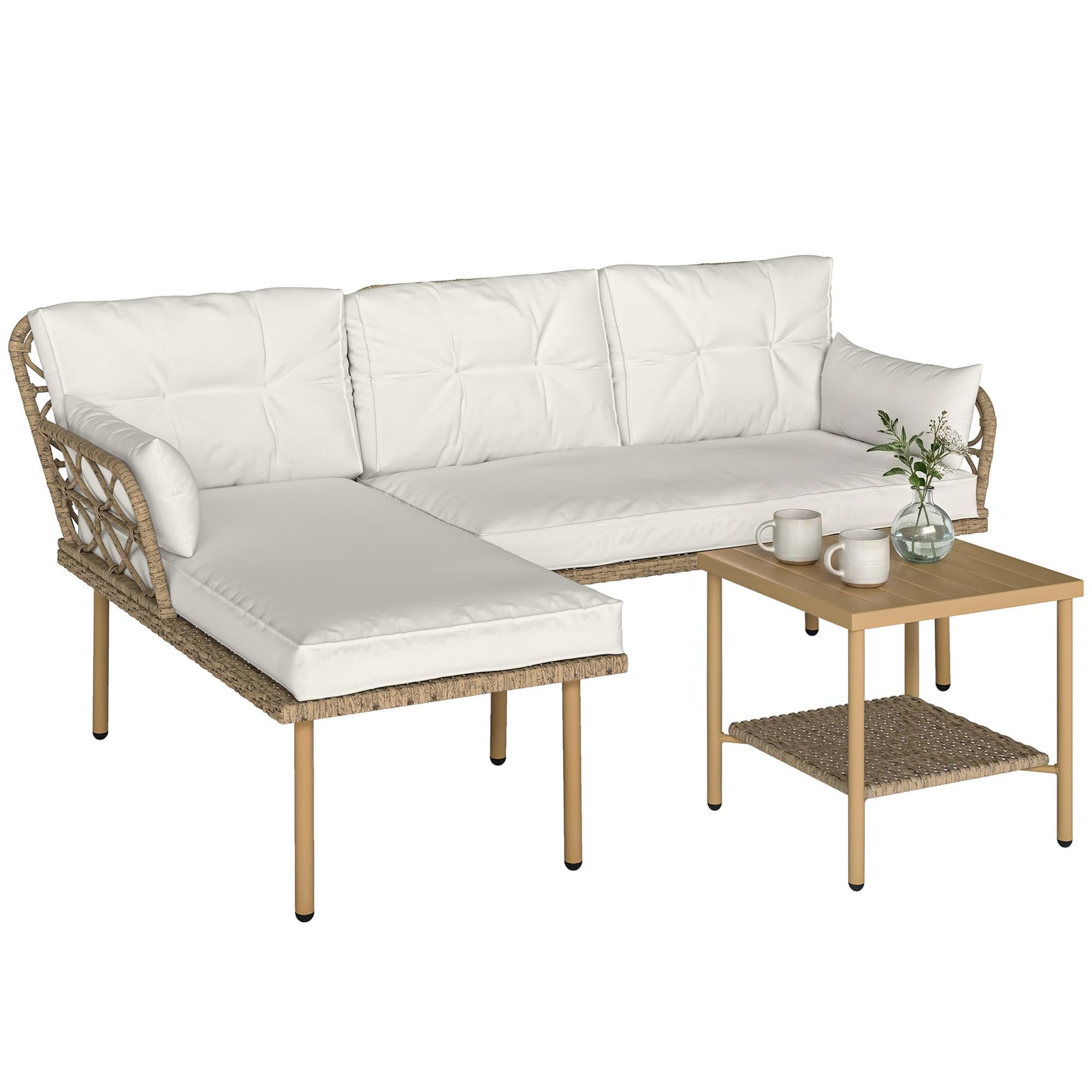 Outsunny Set Giardino Rattan 3 Pezzi Salotto Esterno Divanetto 2 Posti Chaise Longue Cuscini Lavabili Tavolino Caffè Crema