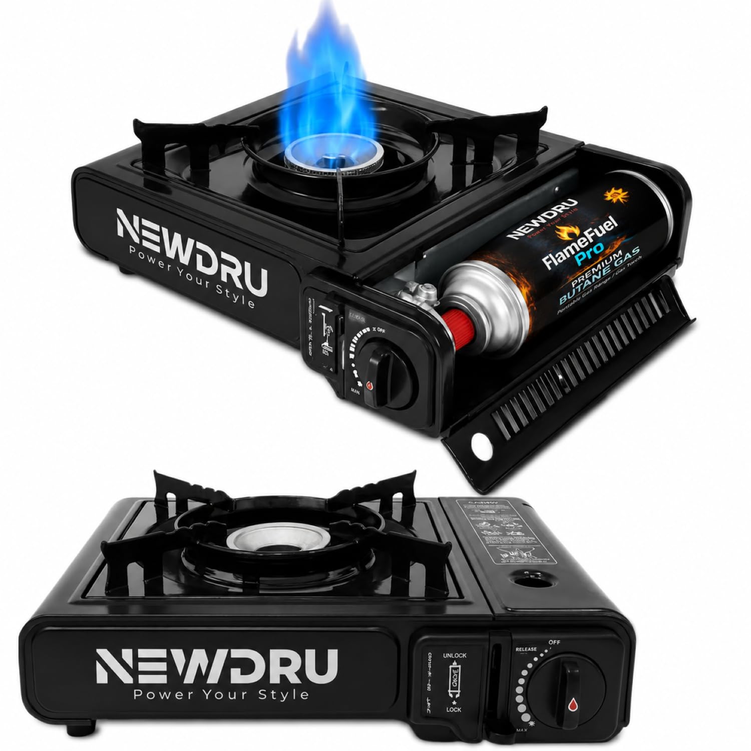 NEWDRU FlameGuard Pro Portable Butane Gas Camping Stove | Adjustable Flame, Overvoltage Protection | Lightweight & Durable for Outdoor Cooking - Black-picture-14