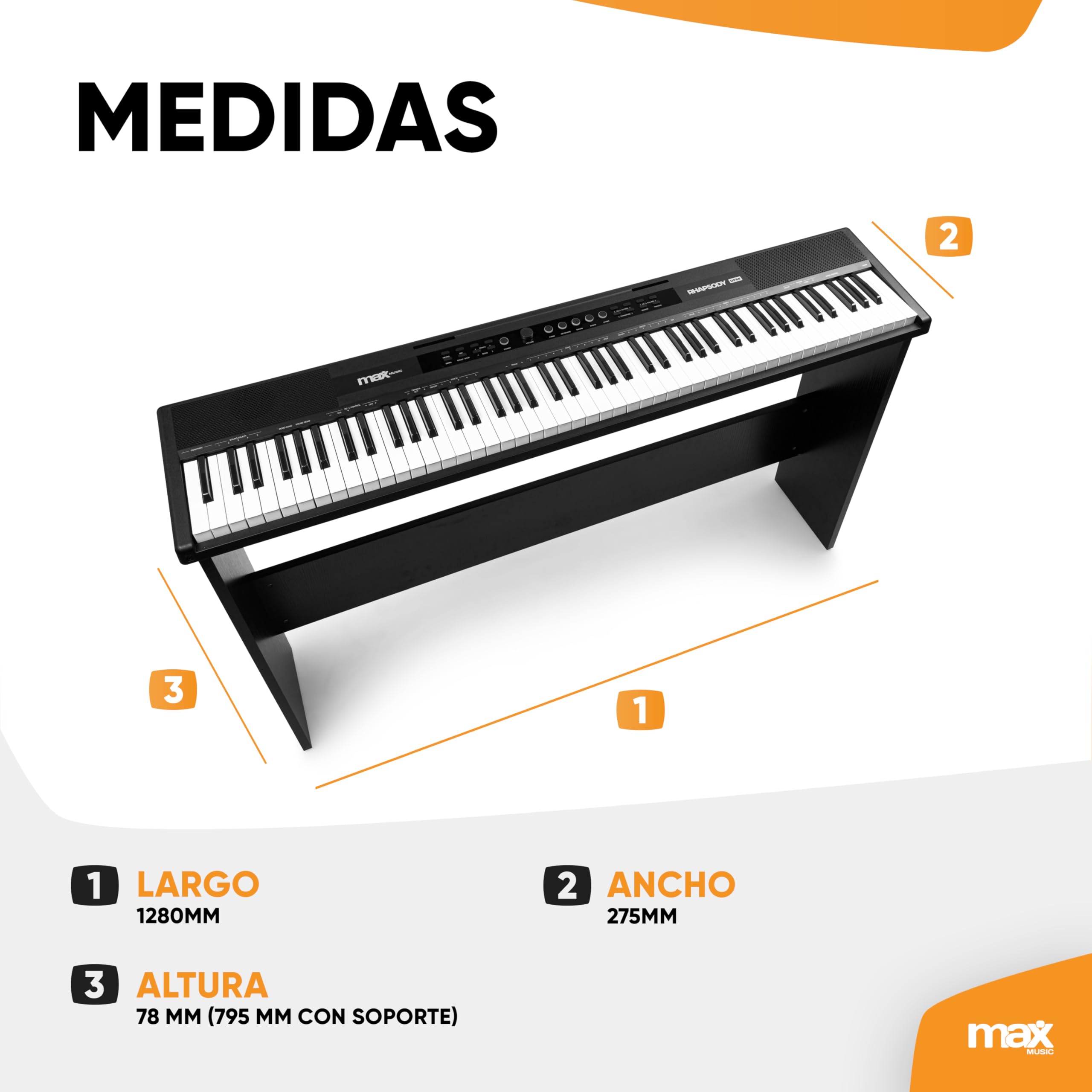 MAX Rhapsody DP88P, Piano teclado electrónico de 88 teclas sensibles al tacto, 10 timbres, 25 voces GM, 26 canciones demo, soporte de mueble, pedal de sustain, USB Midi y conexión sustain