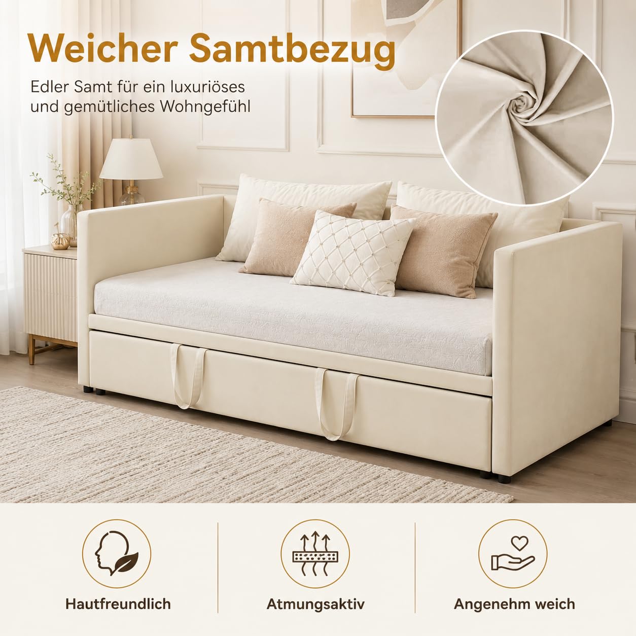 Tagesbett Ausziehbar 90/180x200 cm, Ausziehbett Gleiche Höhe mit Lattenrost, Gästebett Ausziehbar, Bett Ausziehbar zum Doppelbett, für Schlafzimmer, Wohnzimmer, Samt, ohne Matratze (Beige)