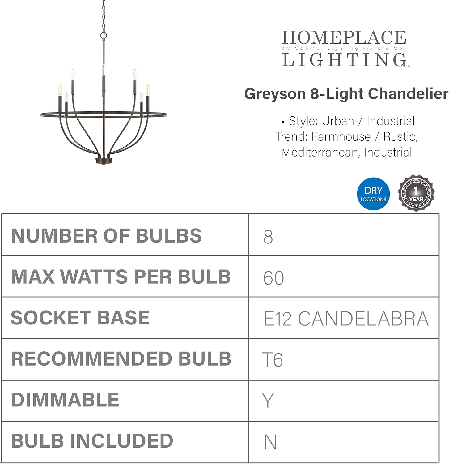 HomePlace by Capital Lighting 428581BZ Greyson Urban/Industrial Vine-Style Round Chandelier, 8-Light 480 Total Watts, 37"H x 34"W, Bronze