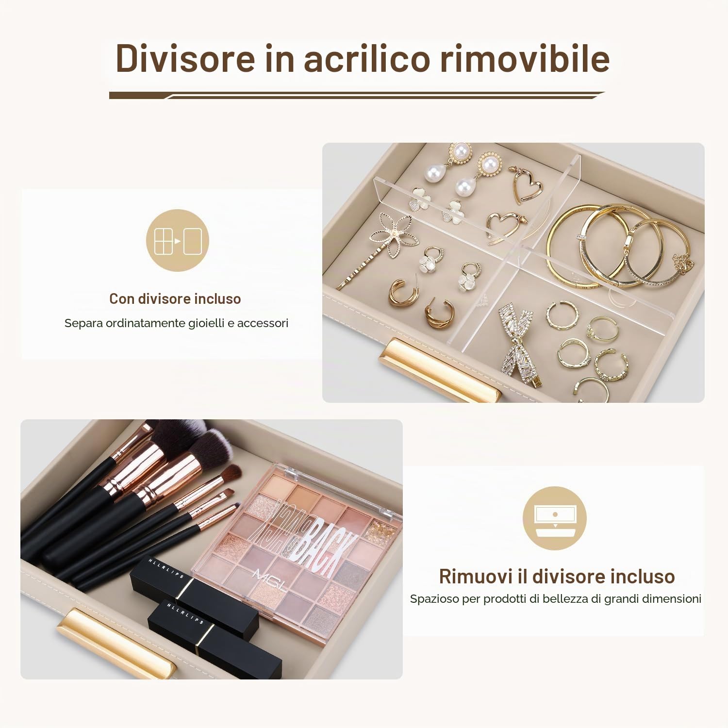 GORESE Svuotatasche, Vassoio Portaoggetti con Cassetto in Pelle Porta Gioielli Organizer per Cassetti Vassoio da Letto Organizzatore da Scrivania per Chiavi,Occhiali,Beaute,Gioielli(Beige)