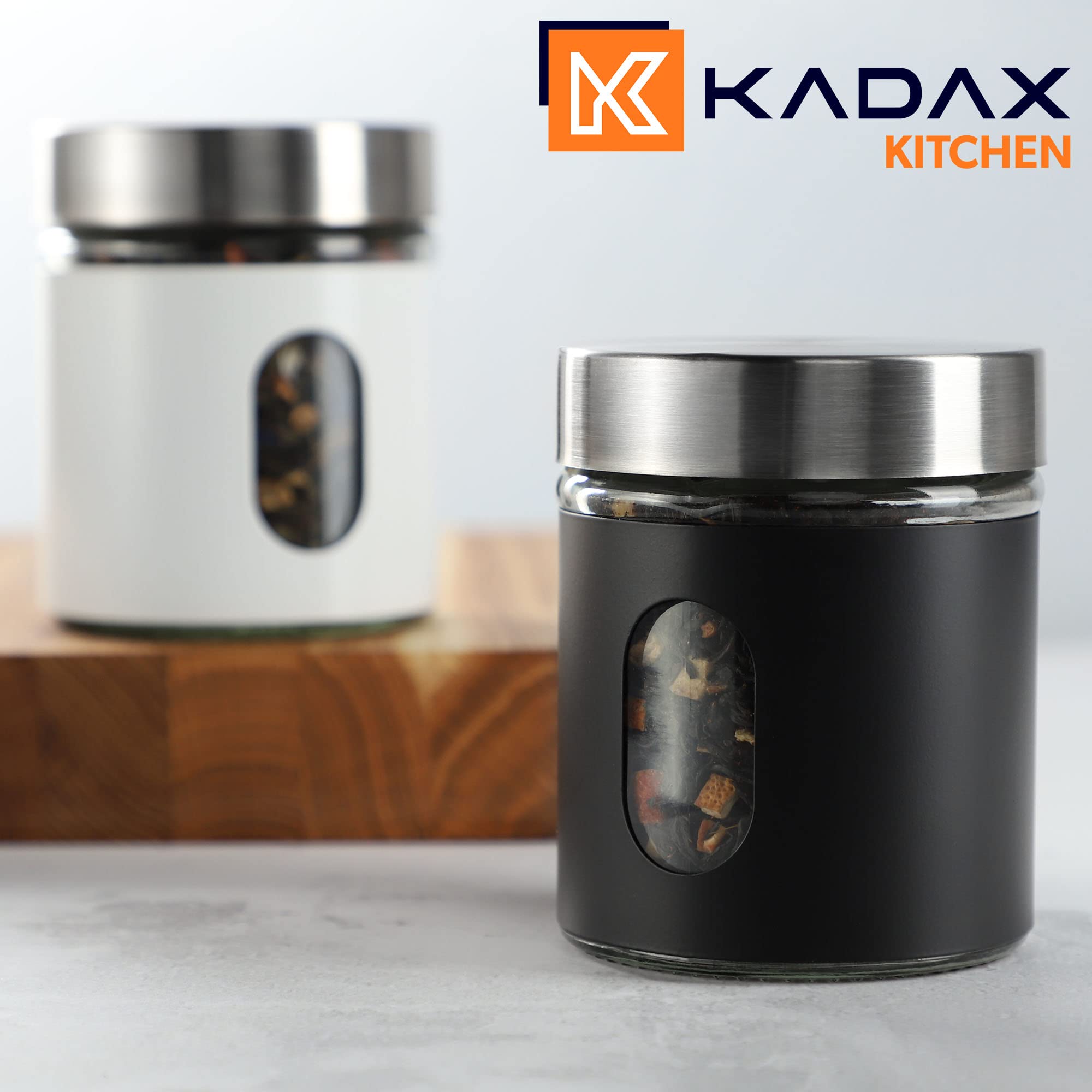 KADAX Contenitore da cucina, 320 ml, in vetro e acciaio inox, con tappo a vite, contenitore per farina, zucchero, caffè (nero)