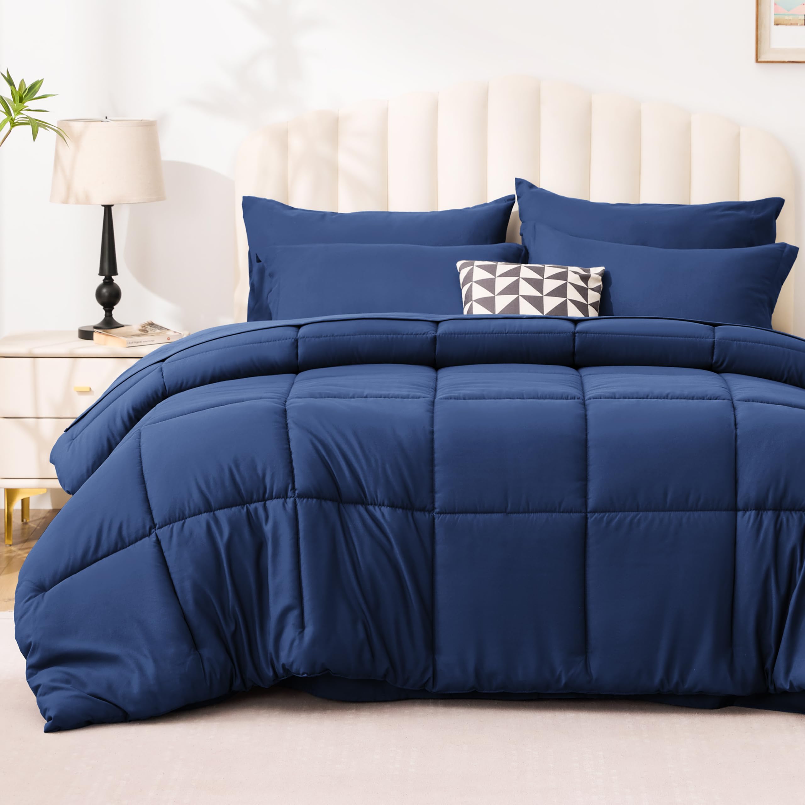 Love's cabin Plaid Queen Comforter Set, Dark Blue | 7 Pieces Bed in a Bag, All Season with 1 Comforter, 1 Flat Sheet, 1 Fitted Sheet, 2 Pillowcase and 2 Pillow Sham