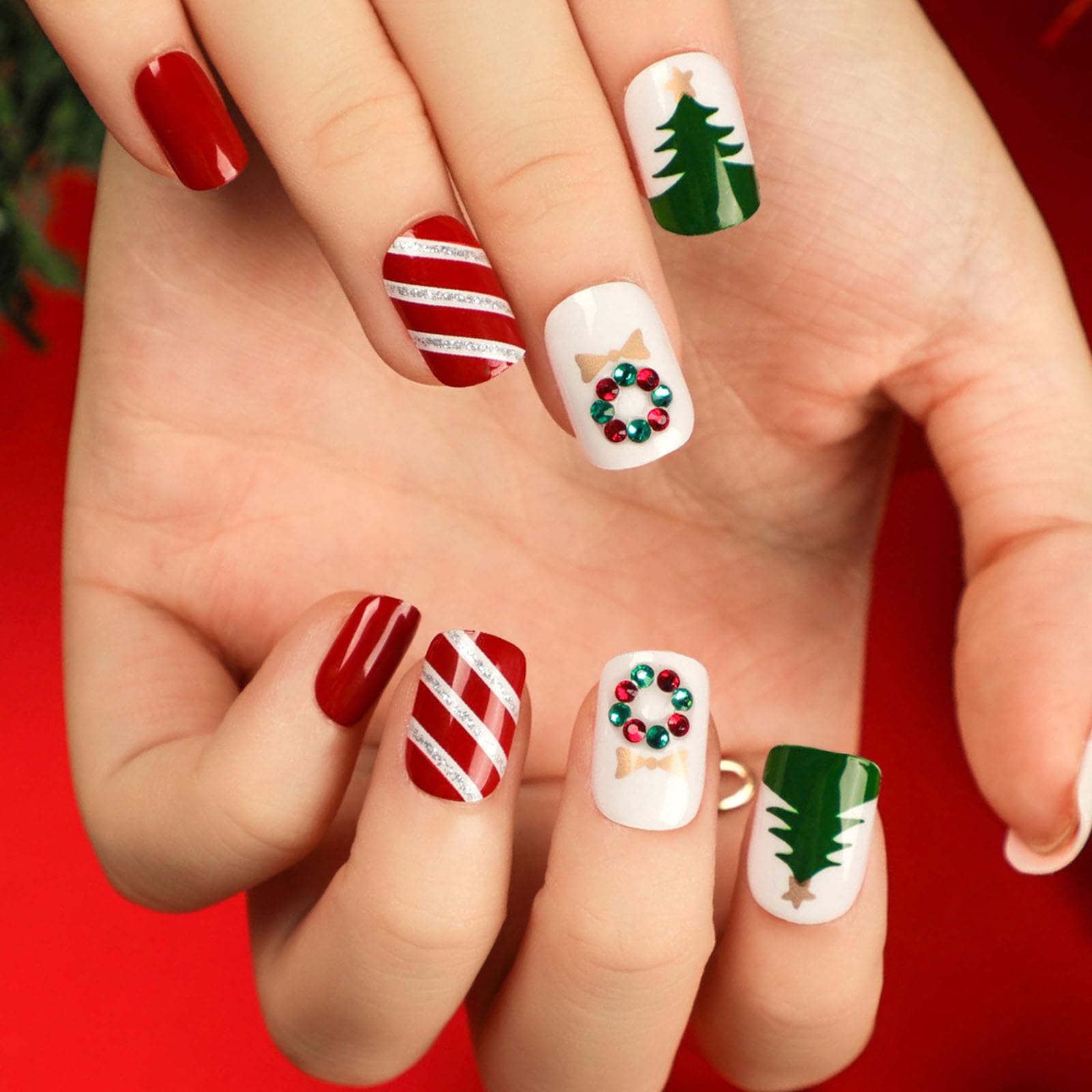 Christmas Press on Nails Short Square False Nails with Xmas Tree Designs Rhinestones and Cute Elk Fake Nails Full Cover Acrylic Nails Lines and Silver Glitter Artificial Nails for Women 24Pcs