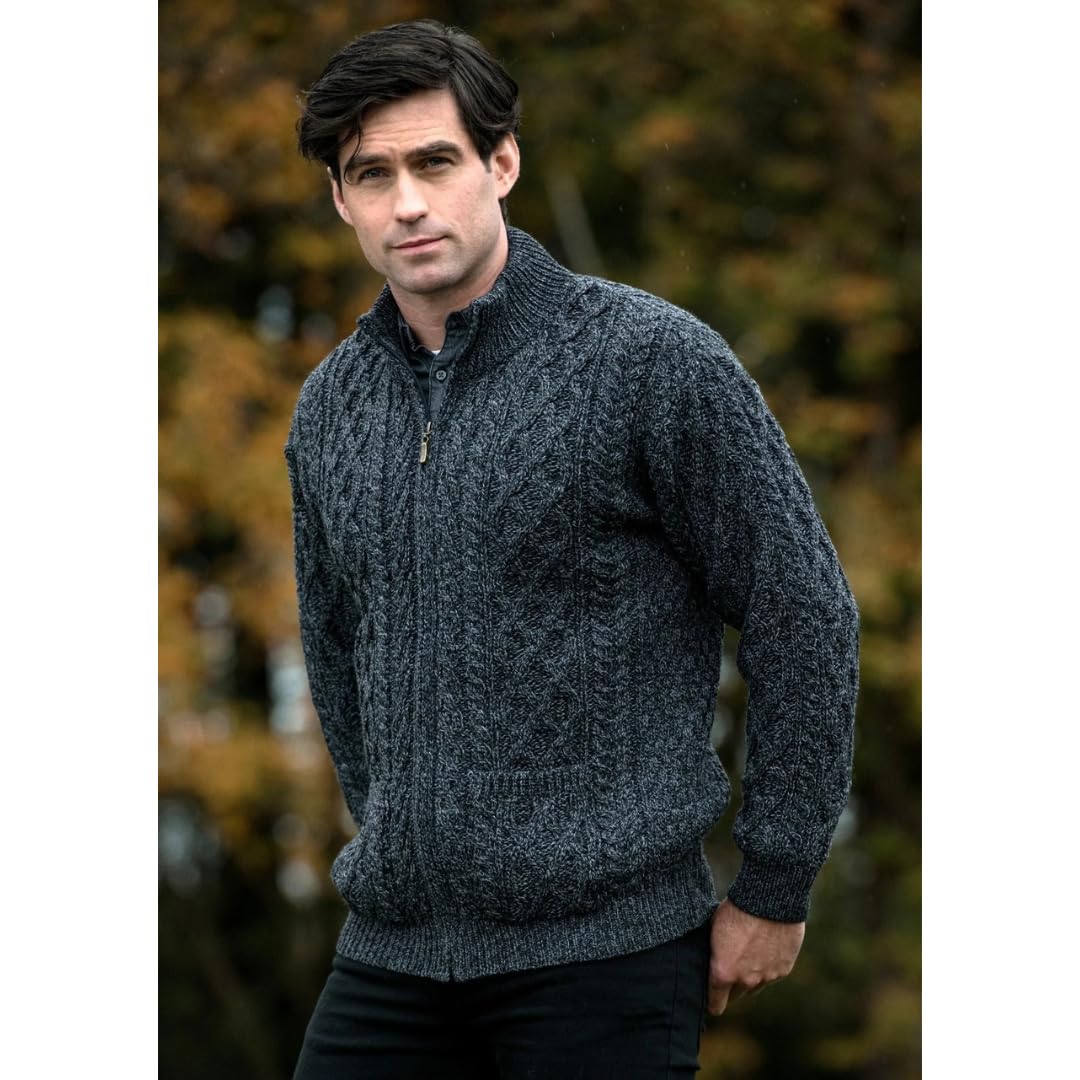 Aran Crafts Herren-Strickjacke mit Reißverschluss, 100 % Merinowolle, hergestellt in Irland
