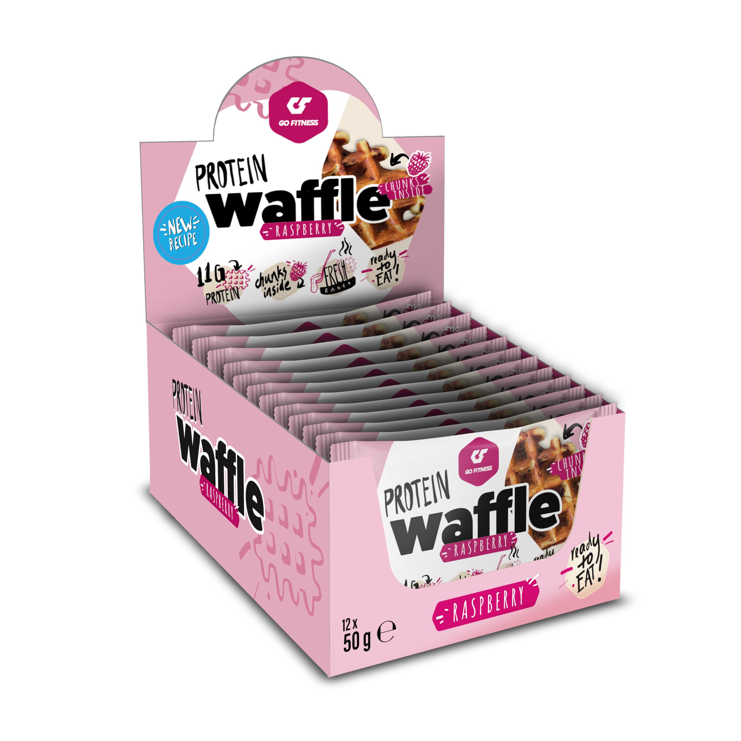 NEUE REZEPTUR - Go Fitness – [12x 50g] High Protein Waffeln – Himbeere - Waffeln extrem lecker und frisch gebacken - gesunde Energieriegel zum Muskelaufbau - Eiweißriegel 11g Protein