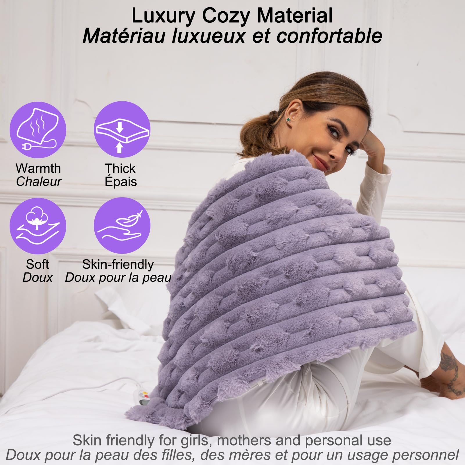 GOBRILLFUN Smart Control Heating Pad con telecomando e blocco bambini, lussuoso tappetino riscaldante elettrico per schiena, gambe, ginocchia, 6 livelli e 5 impostazioni timer, 40x80 cm (viola)