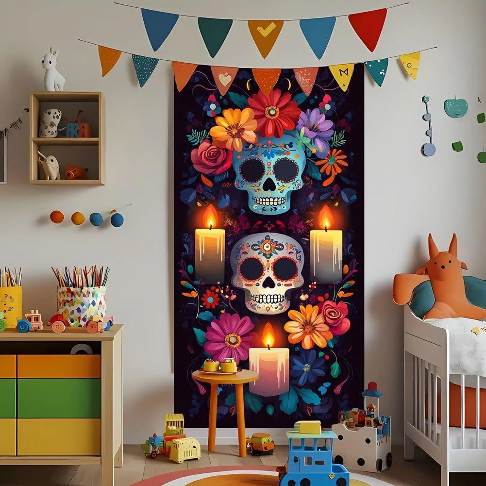 Dia De Los Muertos Türbanner - 180x90 Cm Halloween Dekoration Mit Skelett-Motiv - Mexikanische Party-Deko Für Tür & Veranda