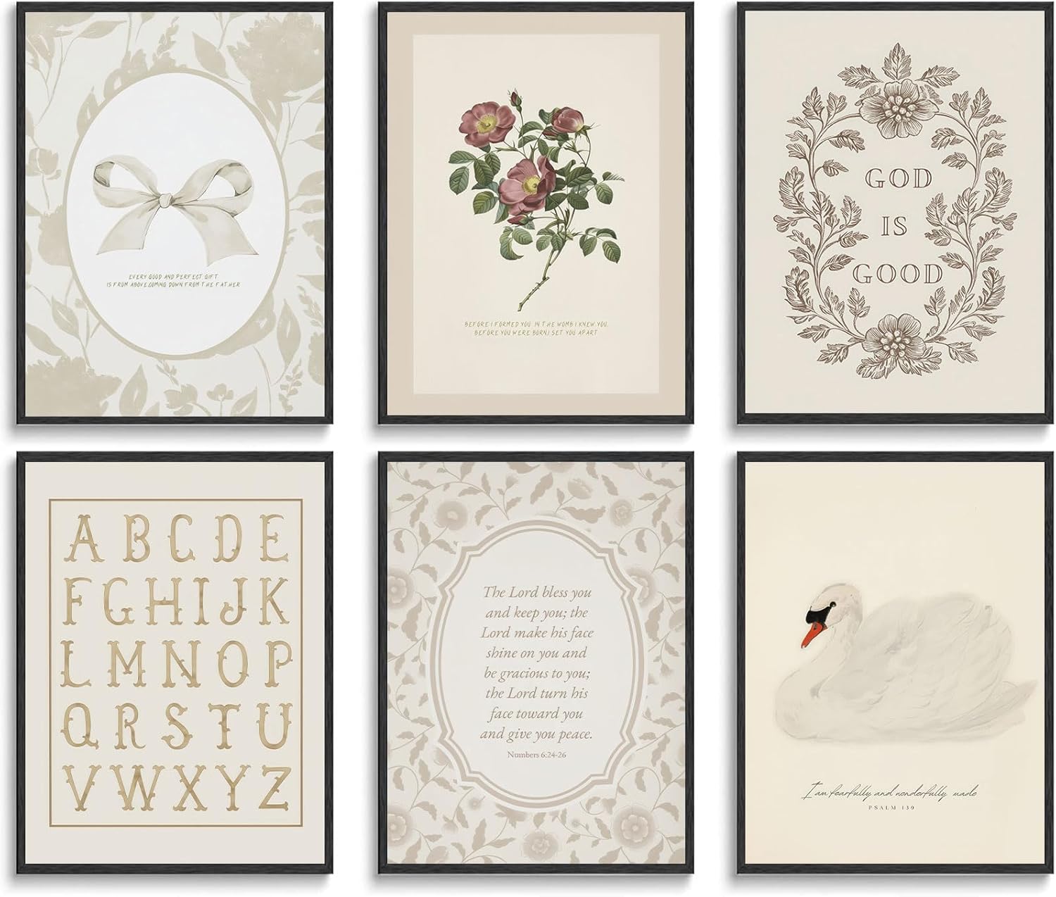 6Pcs Christian Nursery Poster Wall Art Cute Bible Verse Wall Decor Picture Vintage Scripture Floral Bow Posters Print for Kids Room Boy Girls Room Nursery Decoration Unframed
