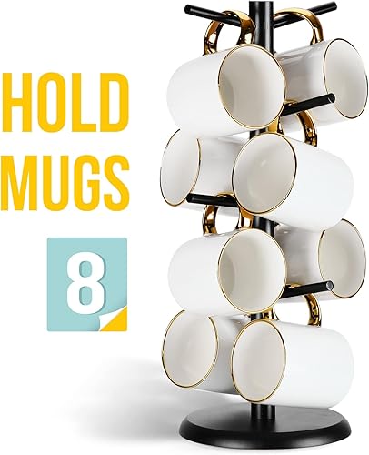 Miniatura 9 de Lorbro Árbol de taza de café con 8 ganchos, soporte para taza, soporte de madera para tazas de café, árbol de taza de encimera, soporte para tazas,